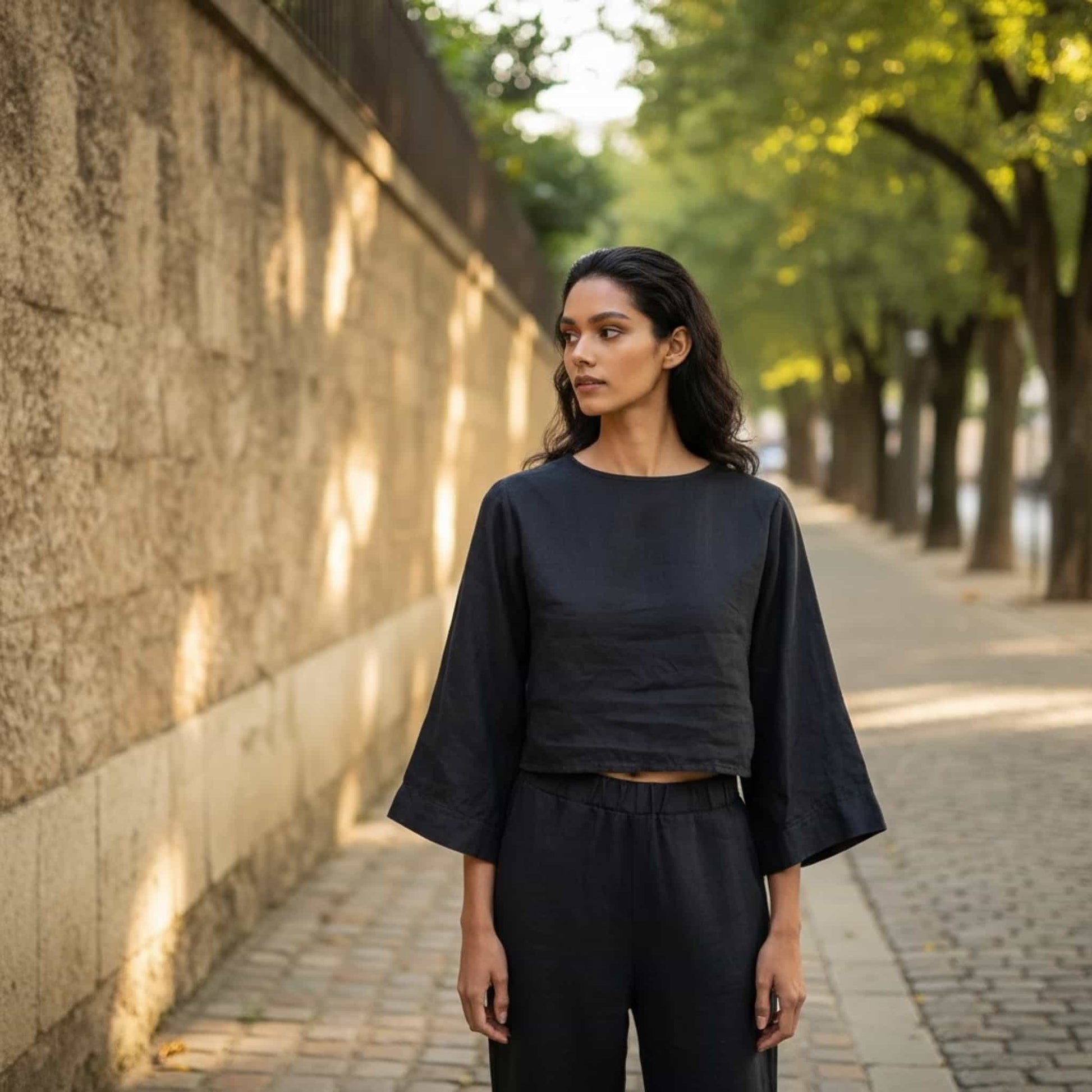 Wide Sleeve Linen Top, Tie Front Crop Top