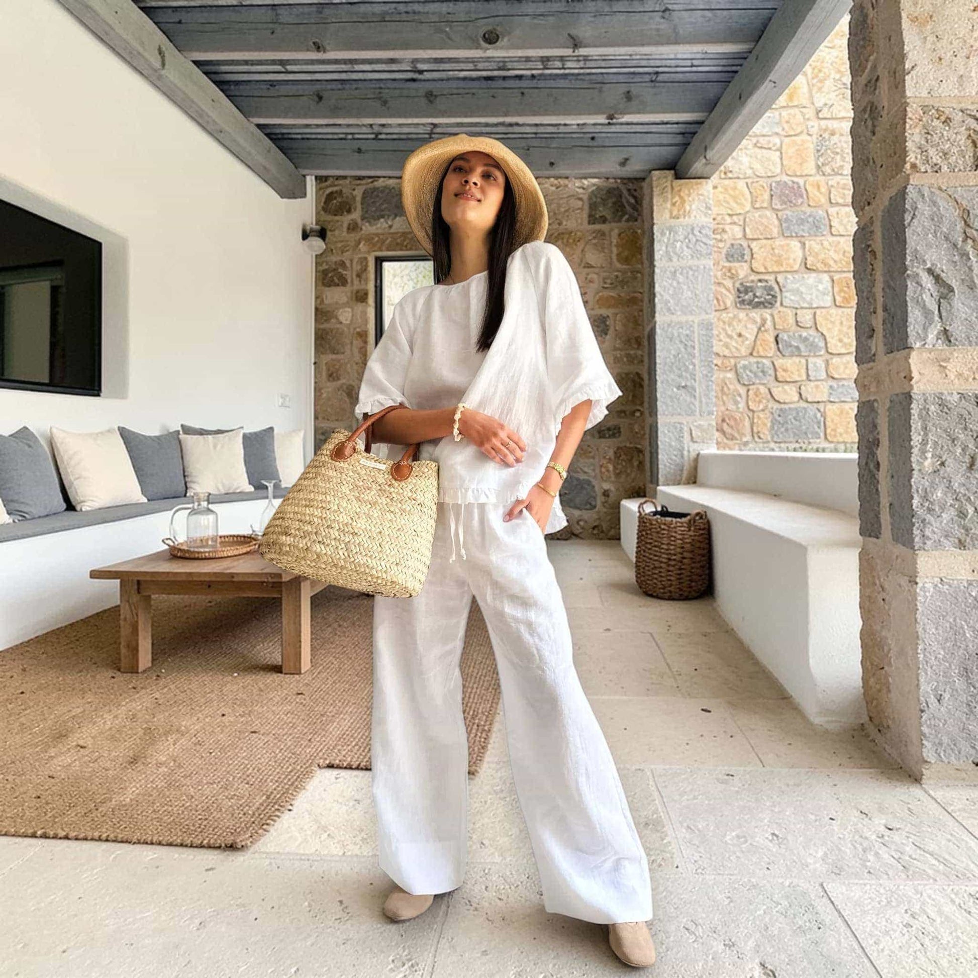 Womens Linen Set, Round Neck Linen Top And Wide Leg Pants Set