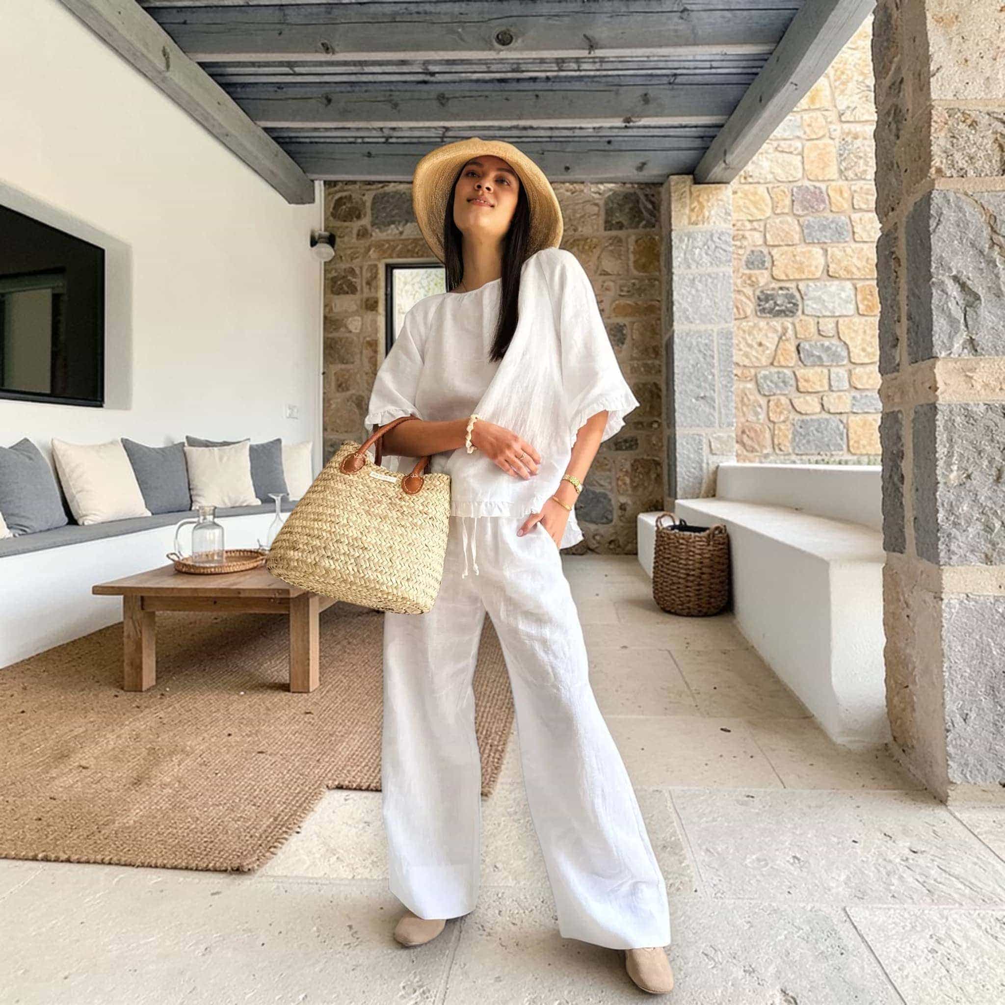 Womens Linen Set, Round Neck Linen Top And Wide Leg Pants Set