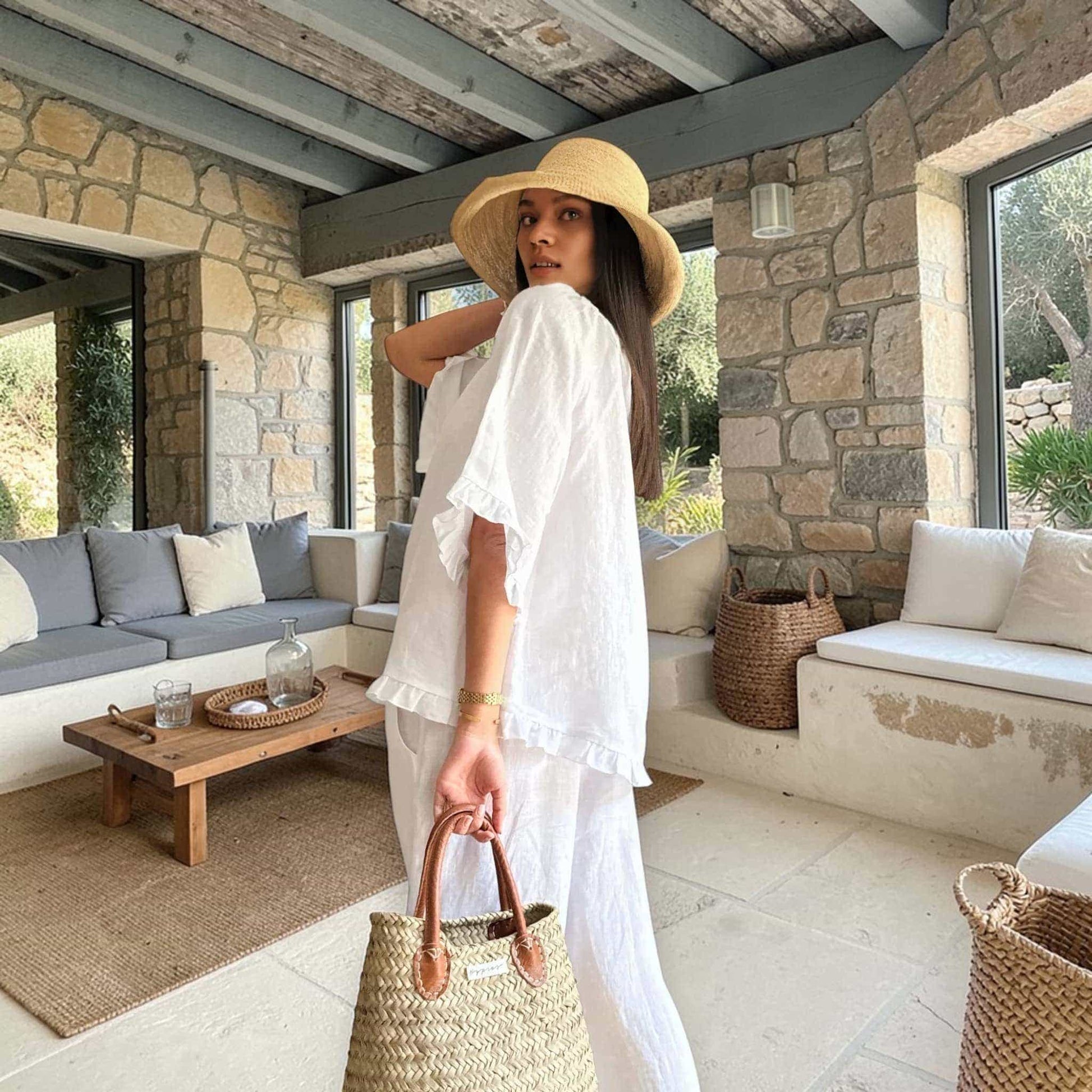 Womens Linen Set, Round Neck Linen Top And Wide Leg Pants Set