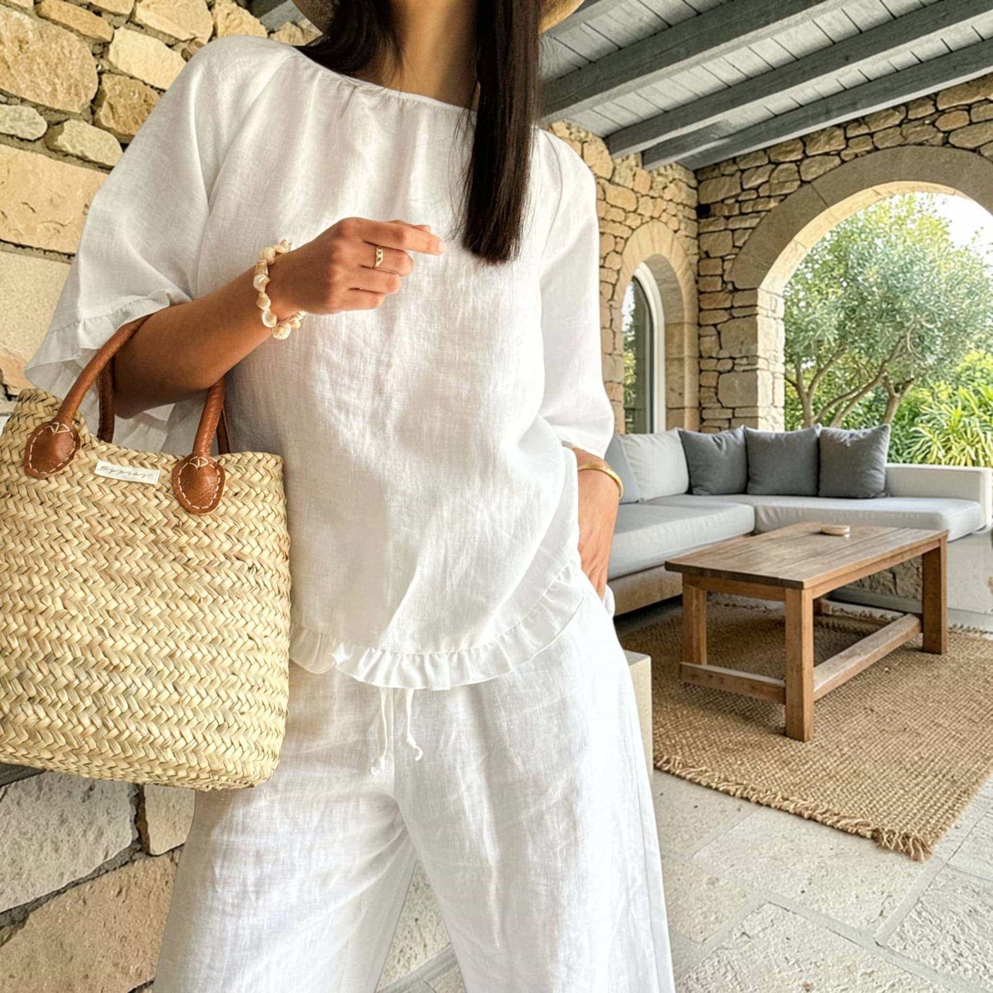 Womens Linen Set, Round Neck Linen Top And Wide Leg Pants Set