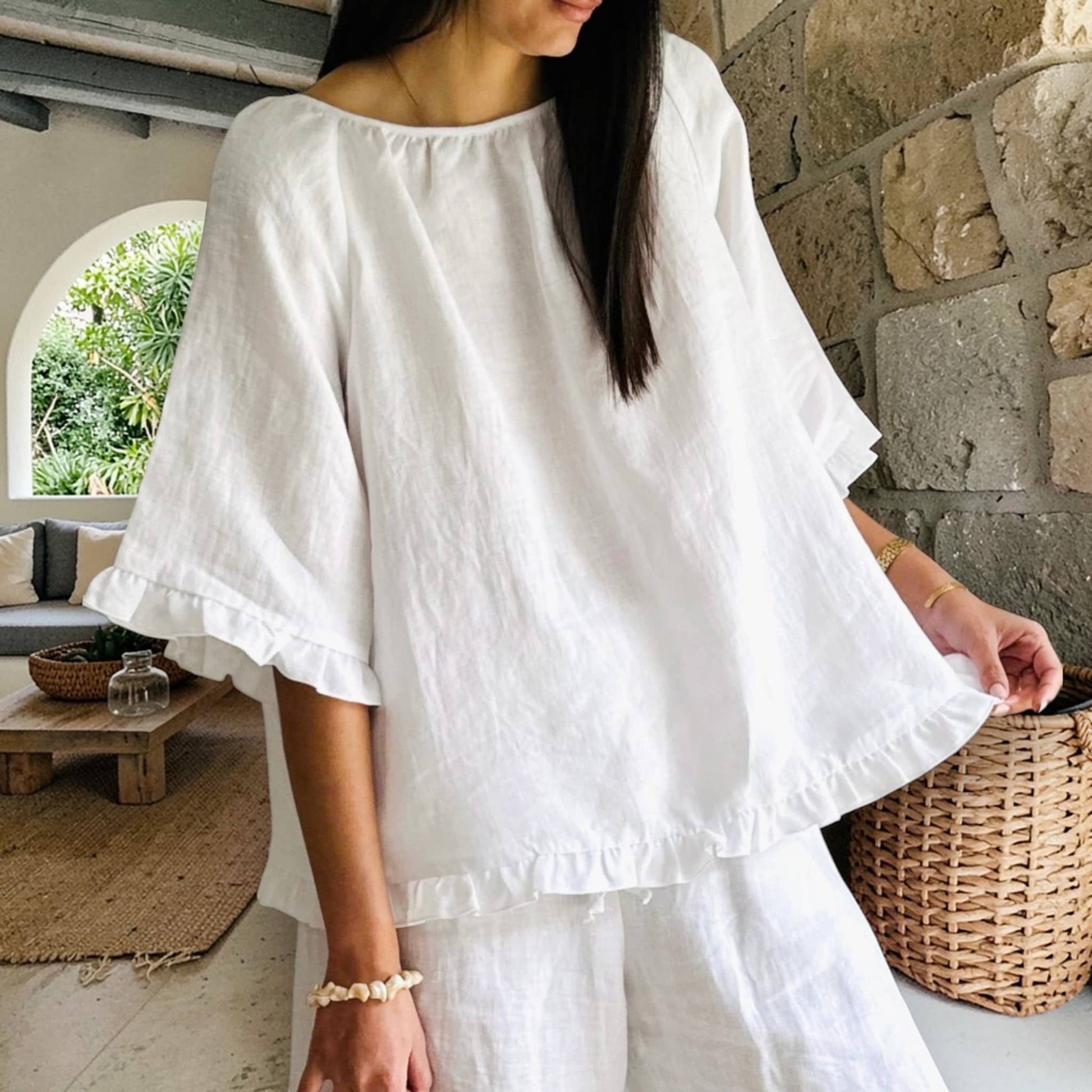 Womens Linen Set, Round Neck Linen Top And Wide Leg Pants Set