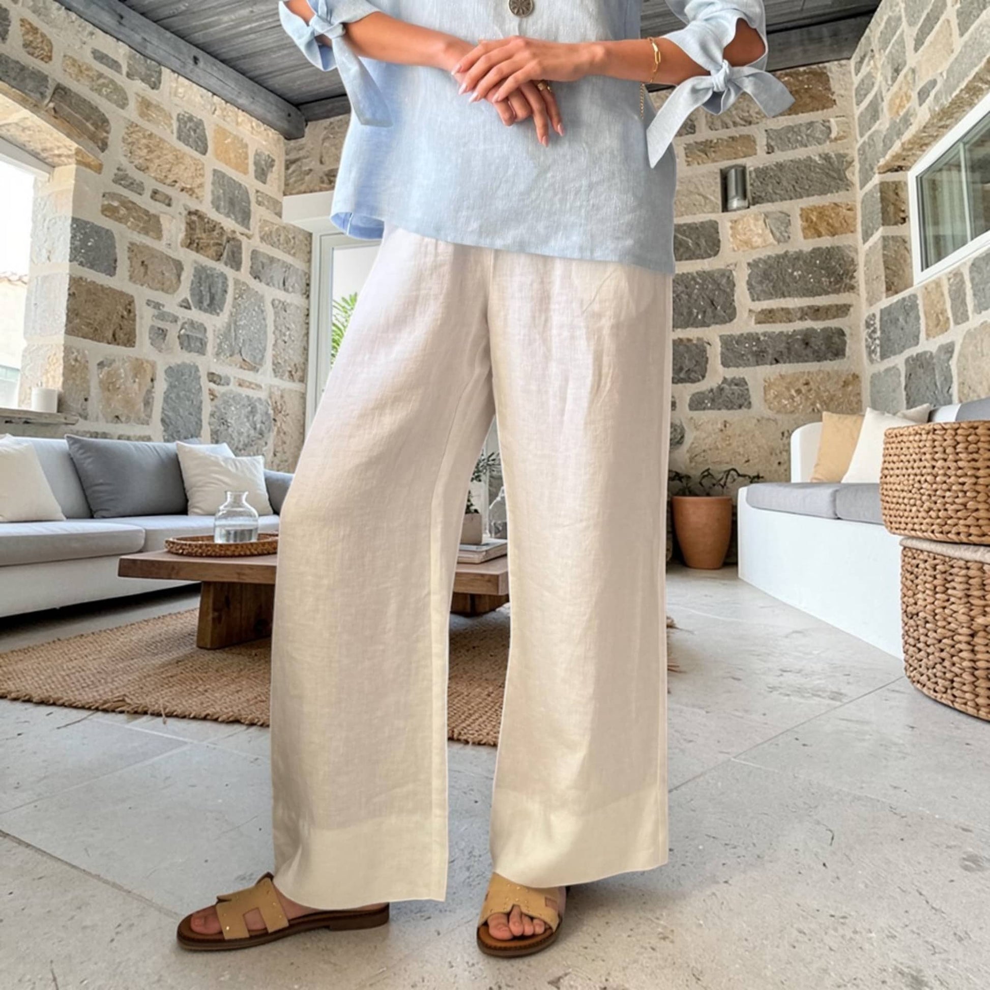 Womens Linen Set, Round Neck Linen Top And Wide Leg Pants Set
