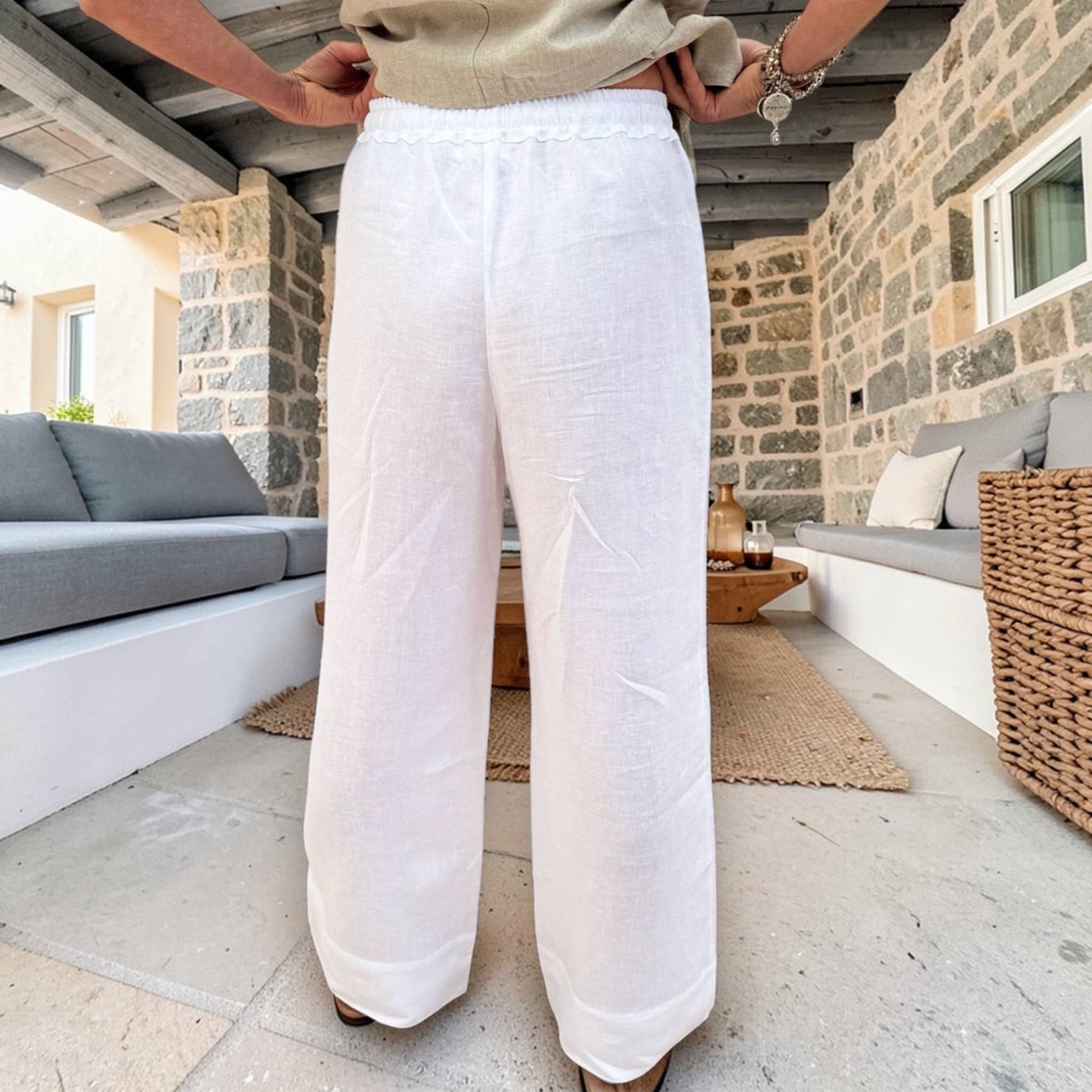 Womens Linen Set, Round Neck Linen Top And Wide Leg Pants Set