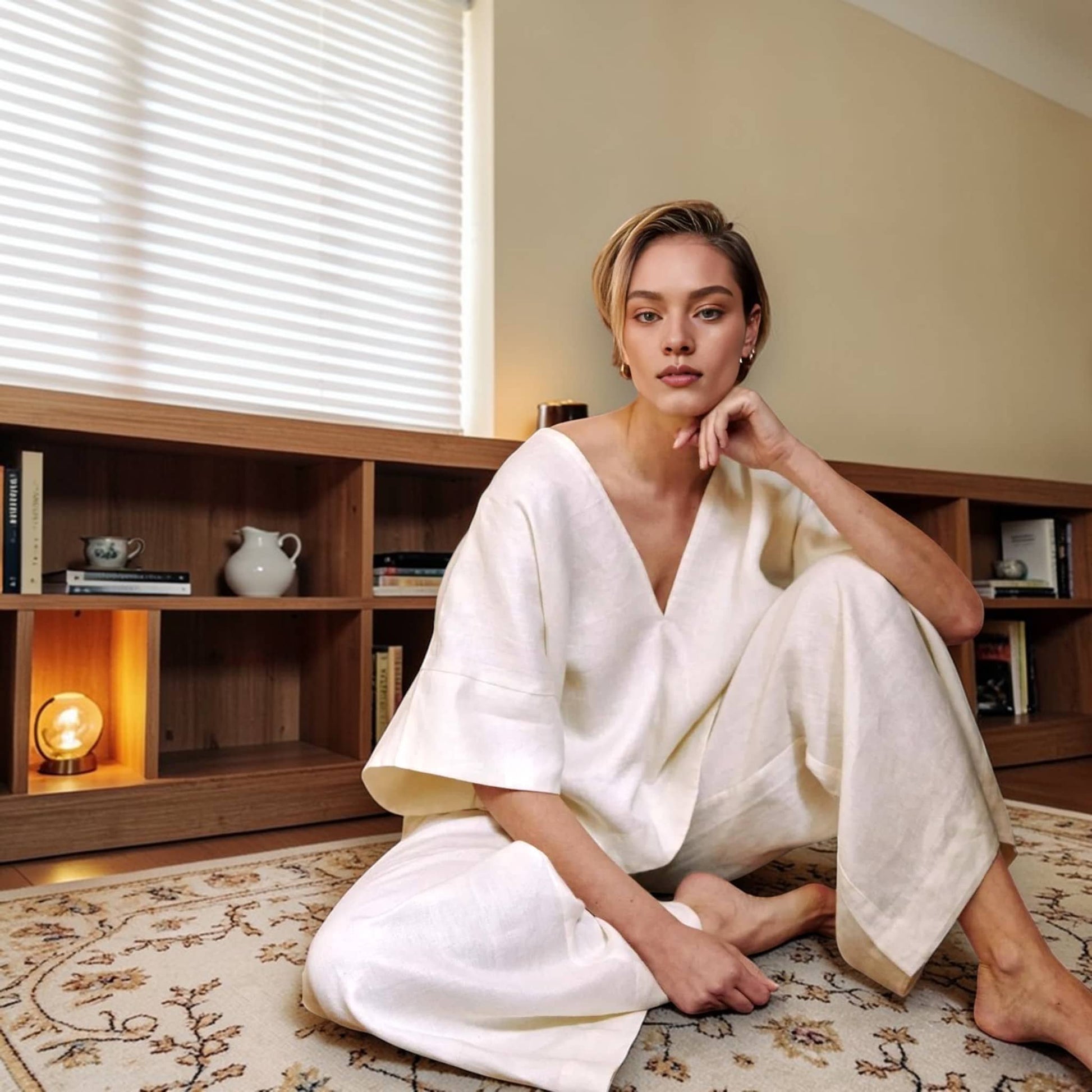 Womens Linen Set, V Neck Boxy Top And Wide Leg Pants Set