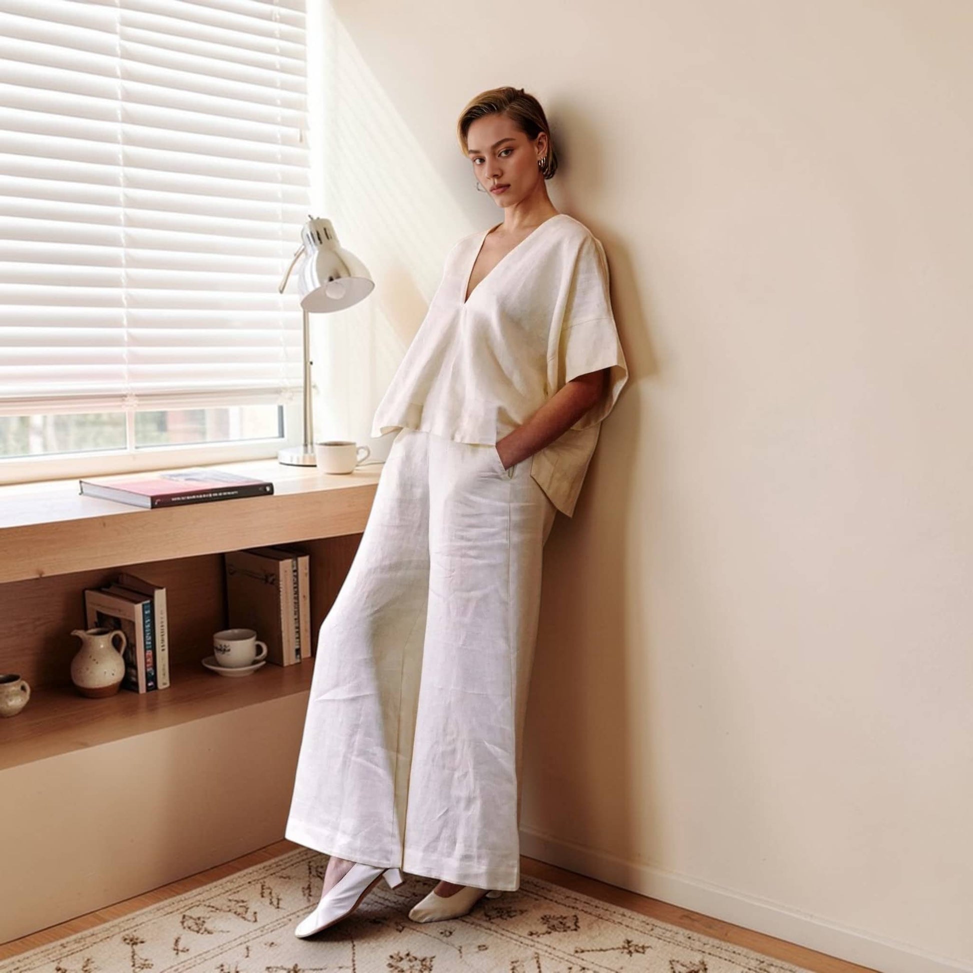 Womens Linen Set, V Neck Boxy Top And Wide Leg Pants Set