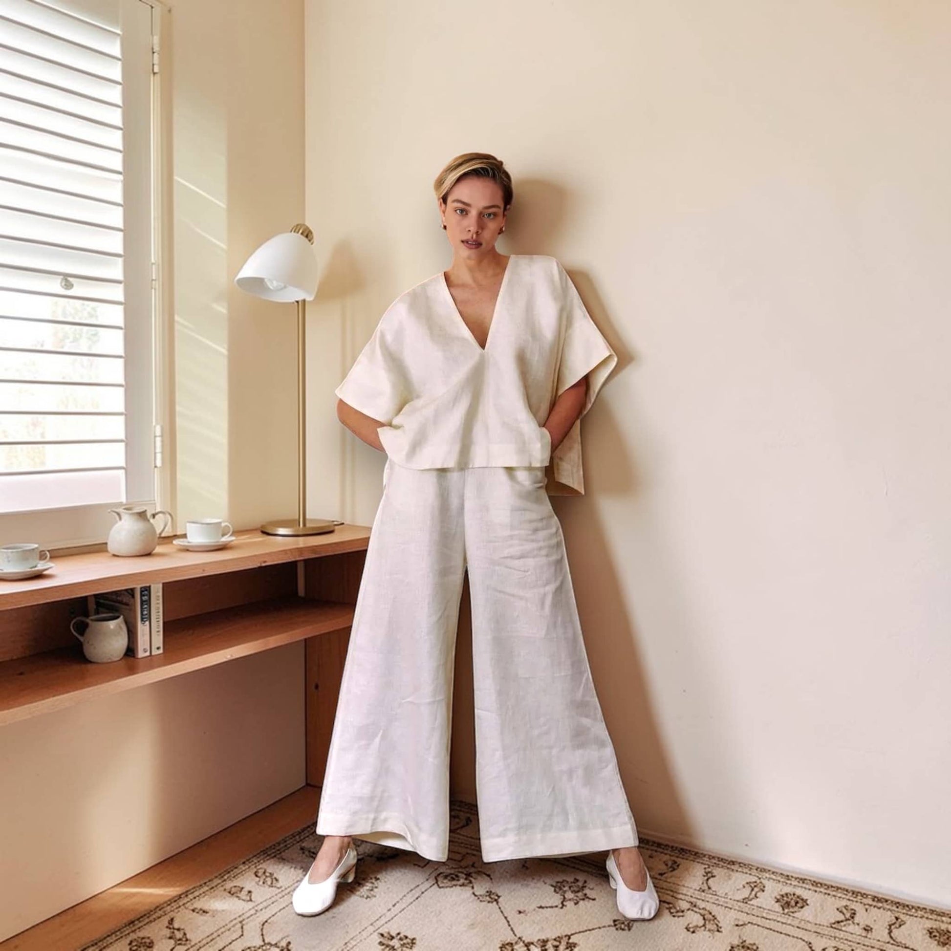 Womens Linen Set, V Neck Boxy Top And Wide Leg Pants Set