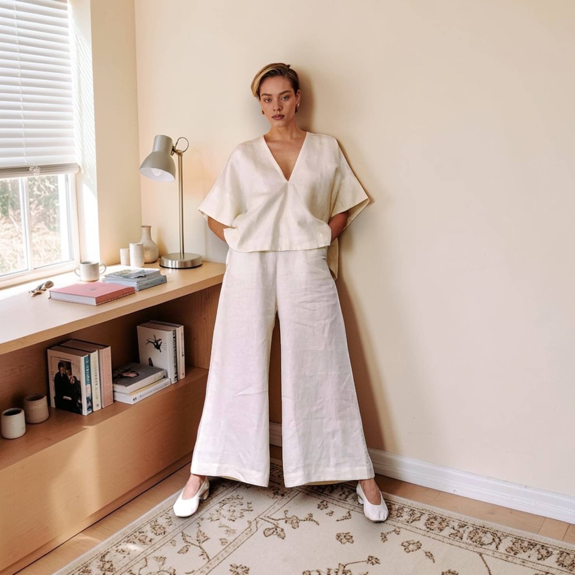 Womens Linen Set, V Neck Boxy Top And Wide Leg Pants Set