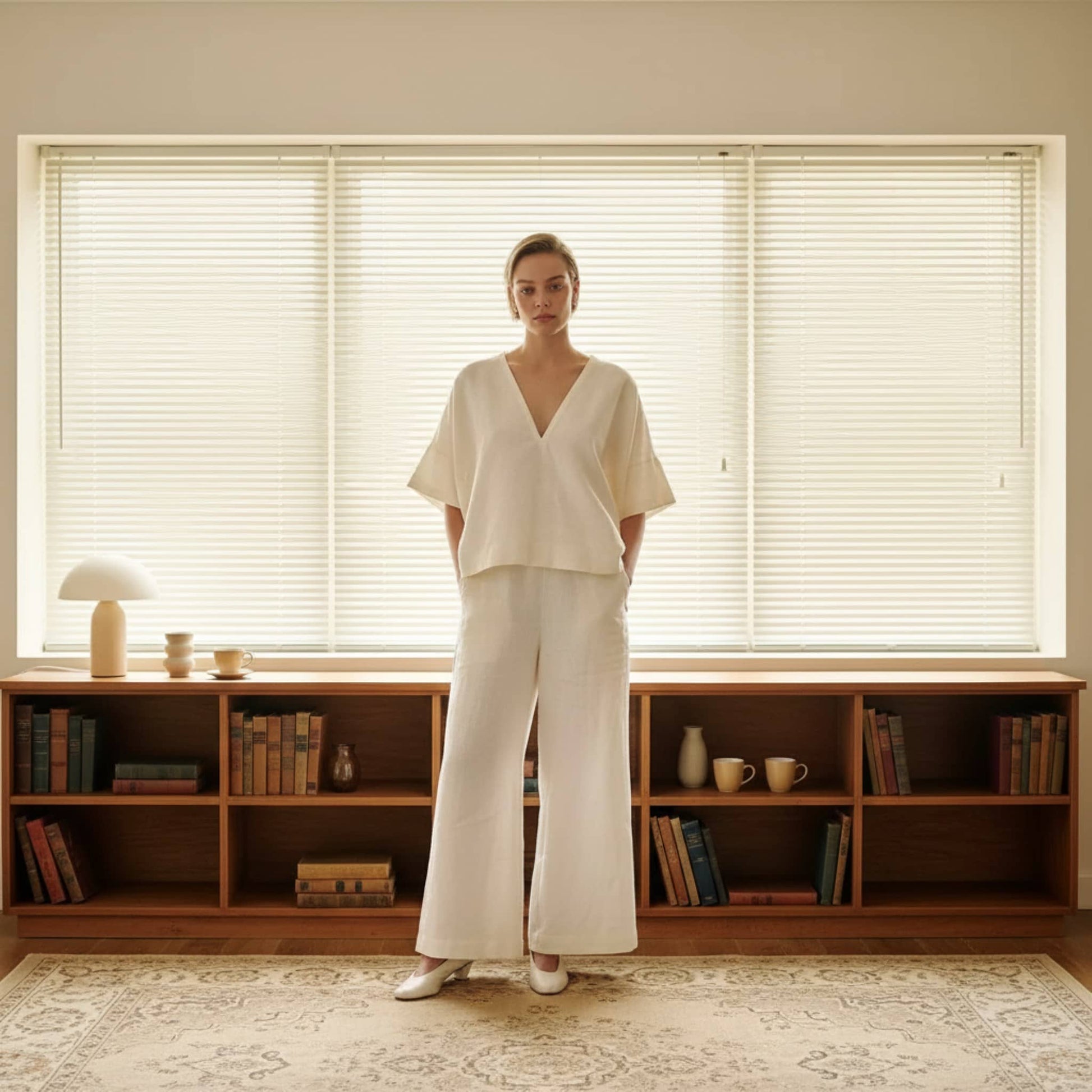 Womens Linen Set, V Neck Boxy Top And Wide Leg Pants Set