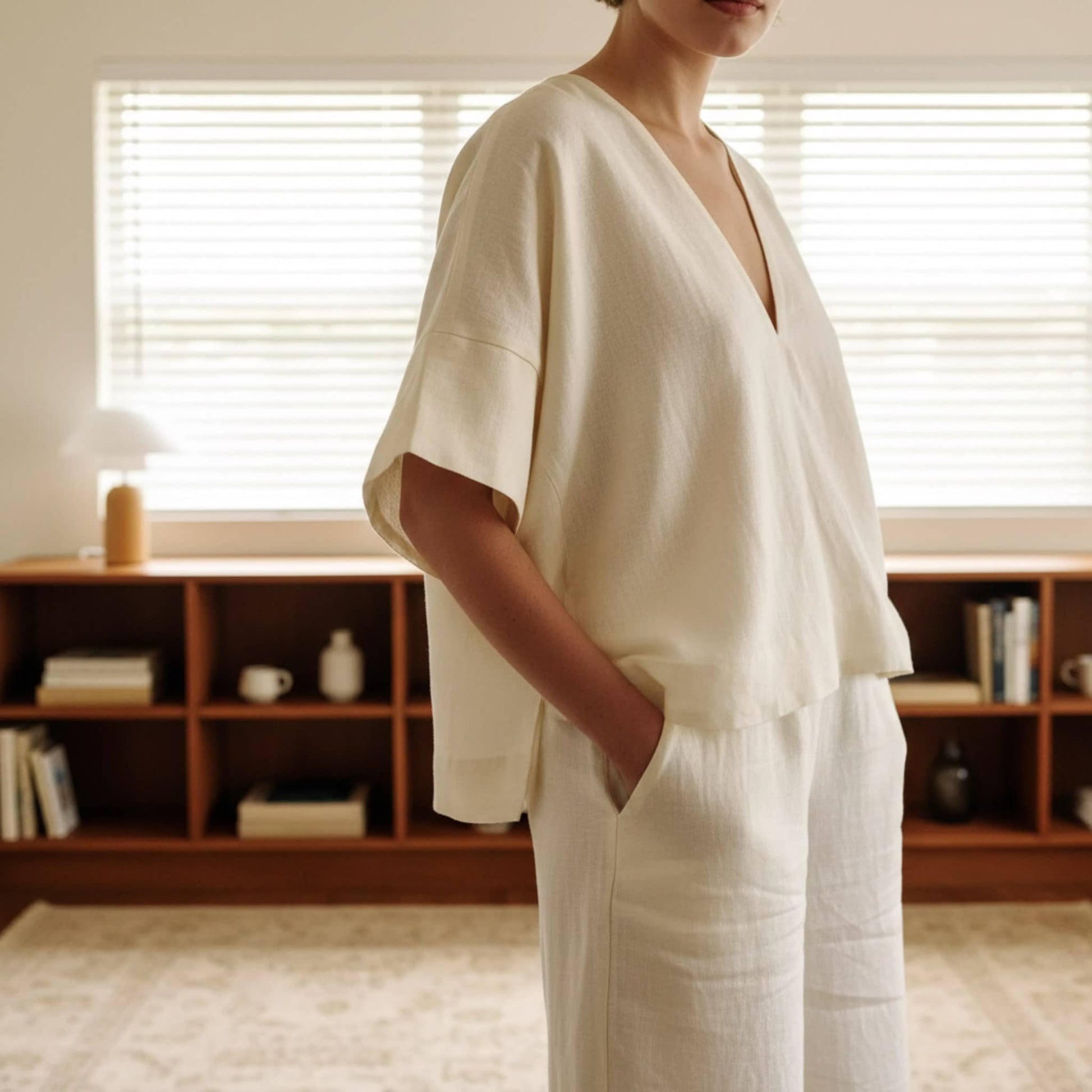 Womens Linen Set, V Neck Boxy Top And Wide Leg Pants Set