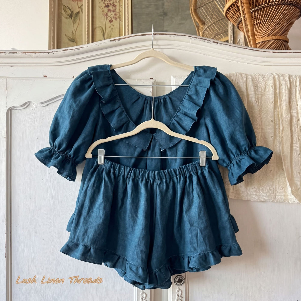 Womens Linen Sleepwear,Puff Sleeve Linen Top And Pants Set