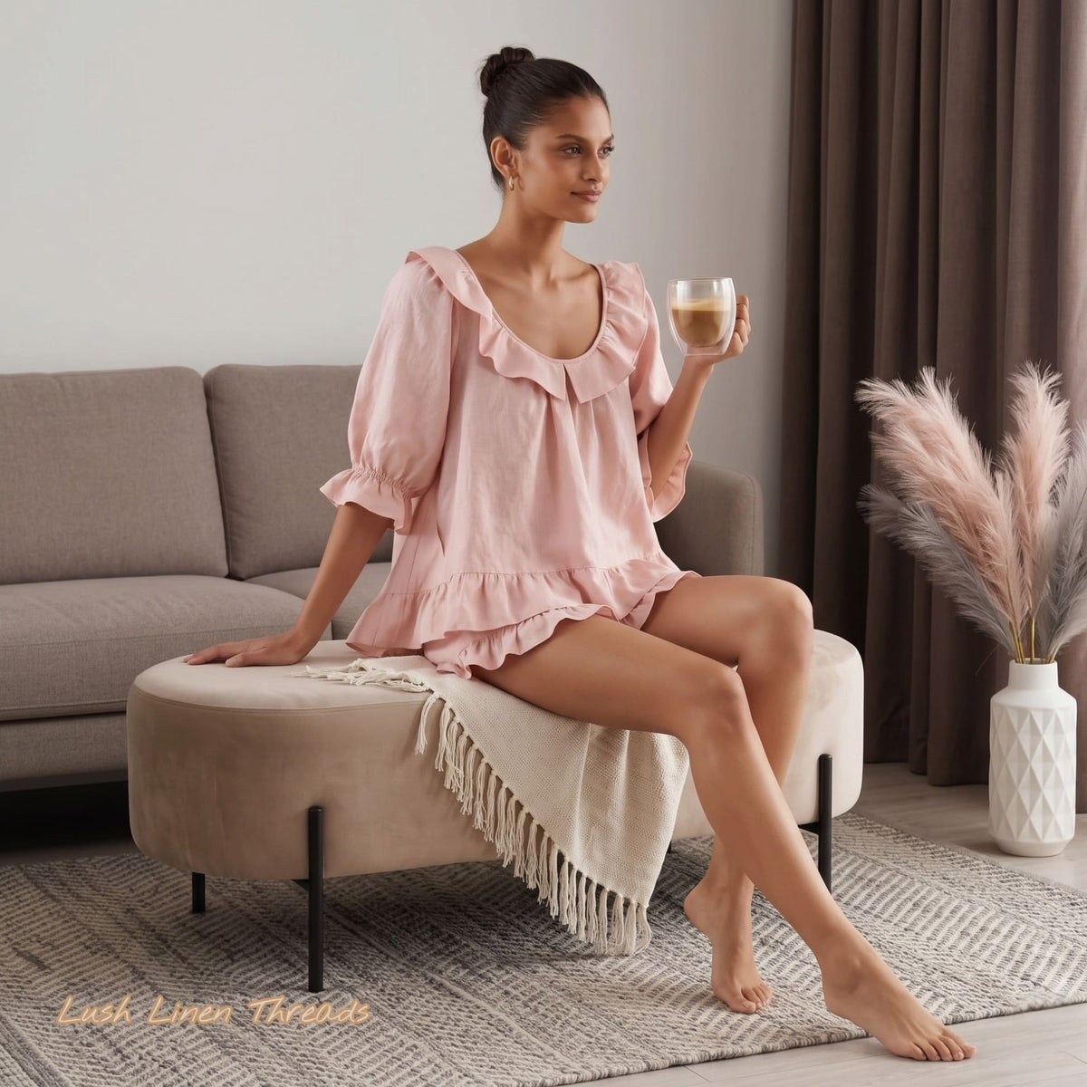 Womens Linen Sleepwear,Puff Sleeve Linen Top And Pants Set