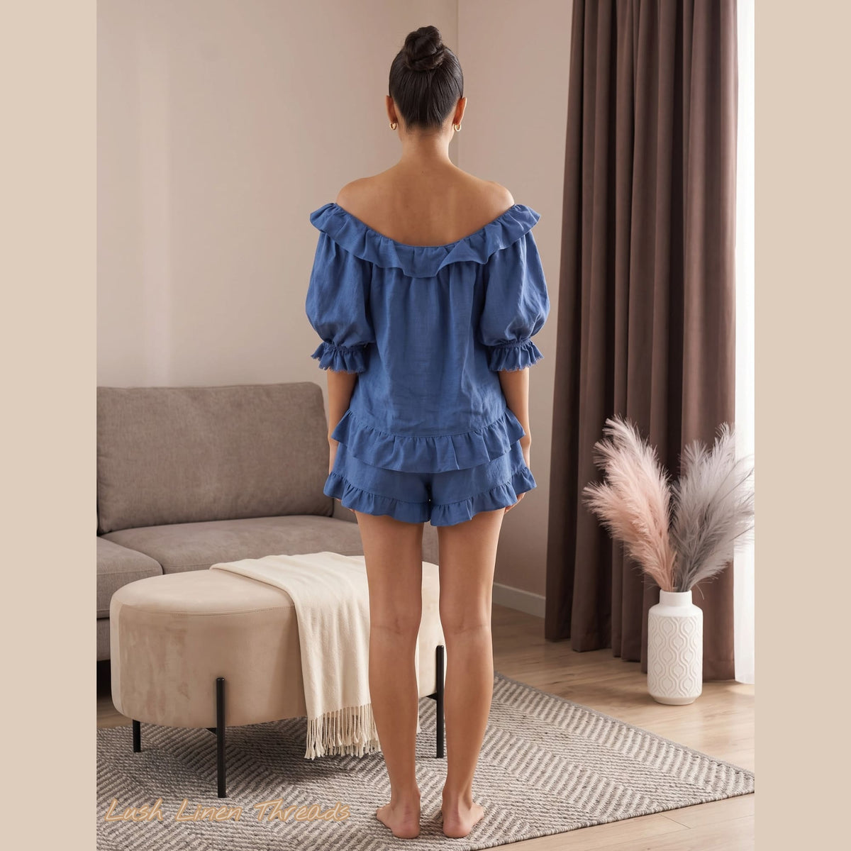 Womens Linen Sleepwear,Puff Sleeve Linen Top And Pants Set