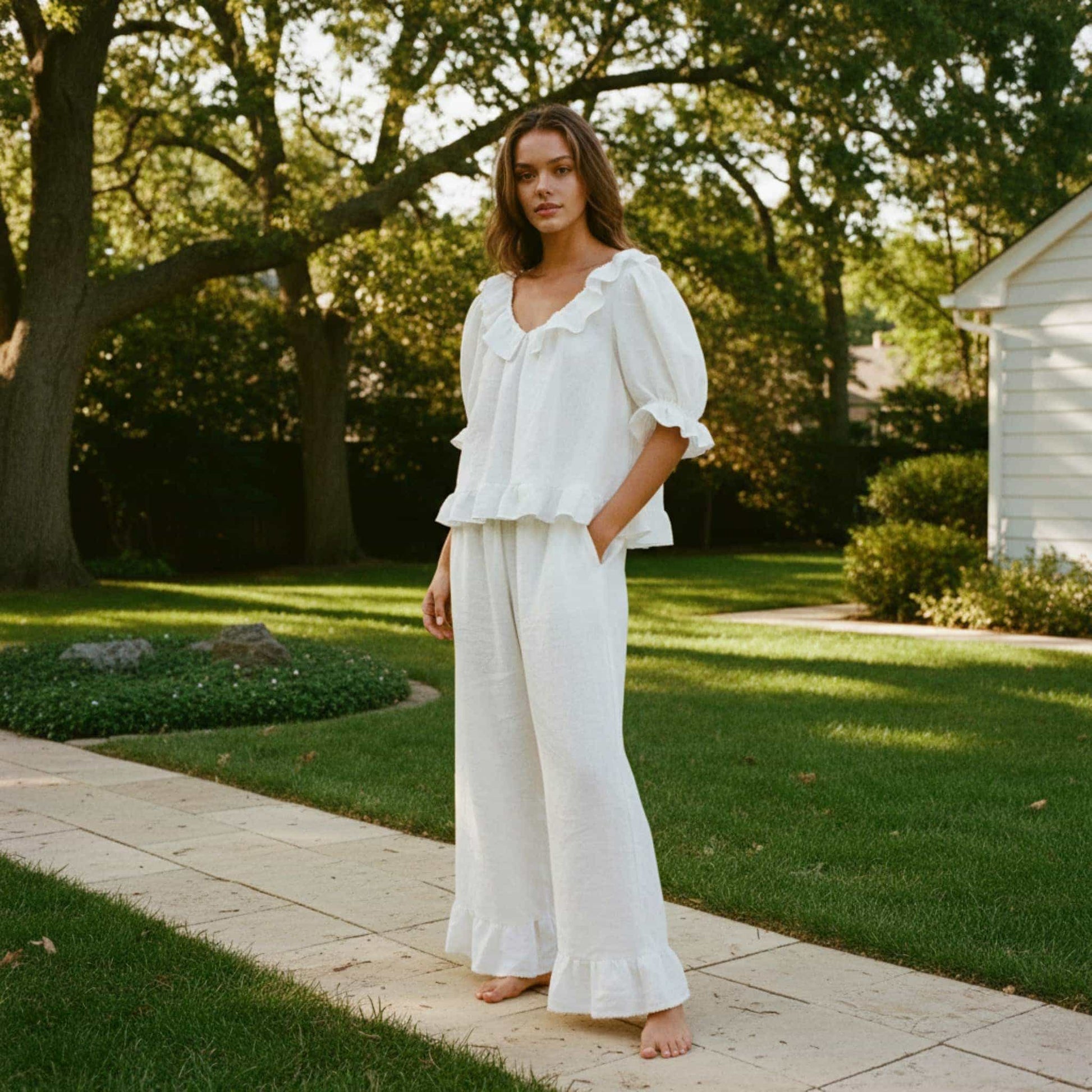 Womens Linen Sleepwear, Puff Sleeve Linen Top And Pants Set