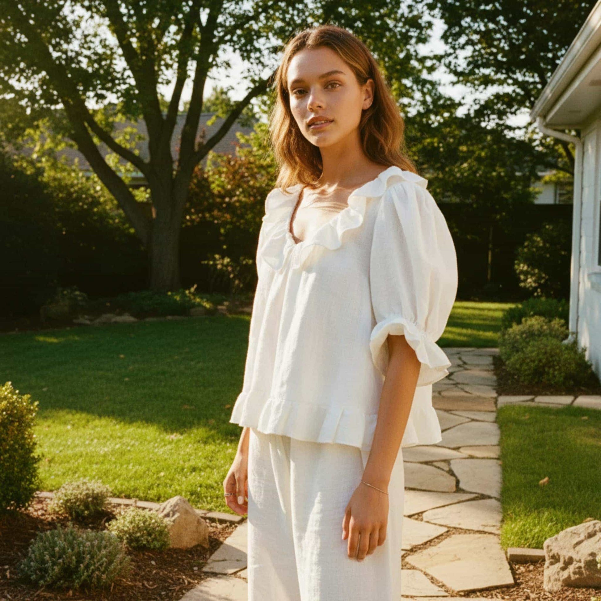 Womens Linen Sleepwear, Puff Sleeve Linen Top And Pants Set