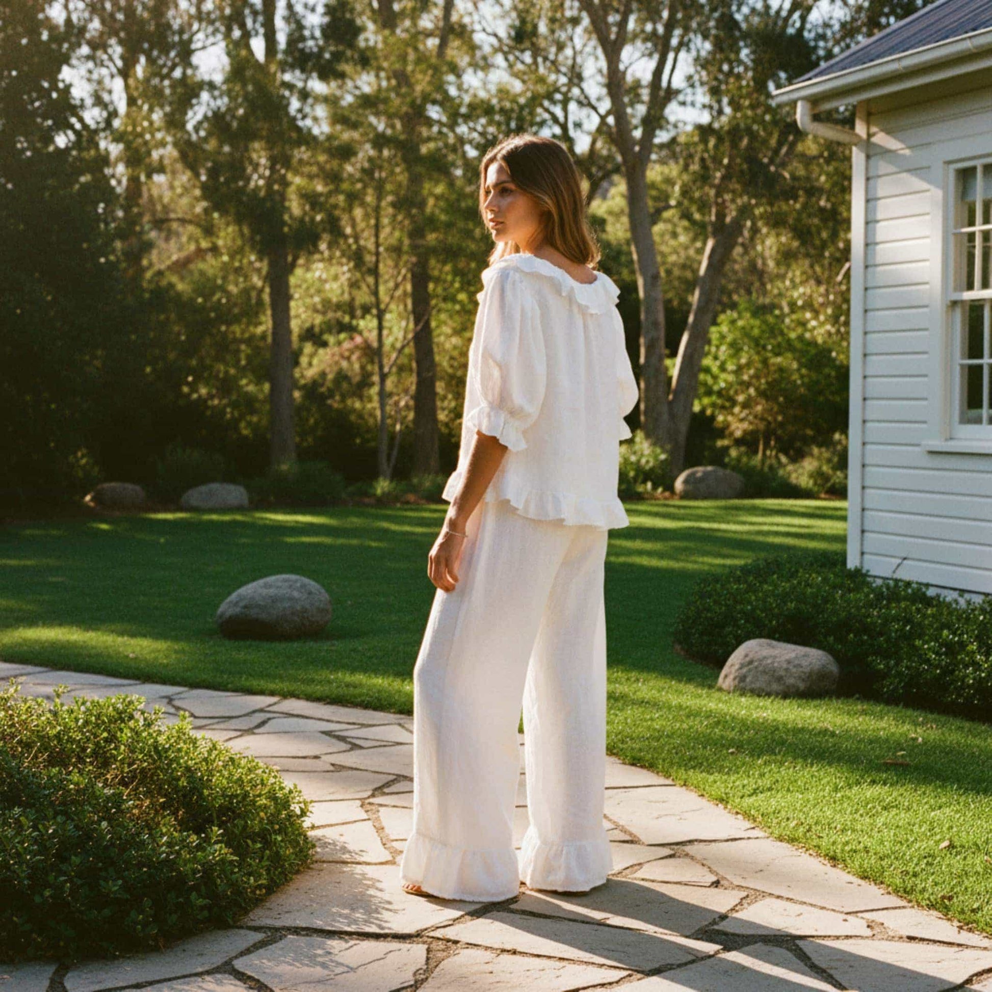 Womens Linen Sleepwear, Puff Sleeve Linen Top And Pants Set