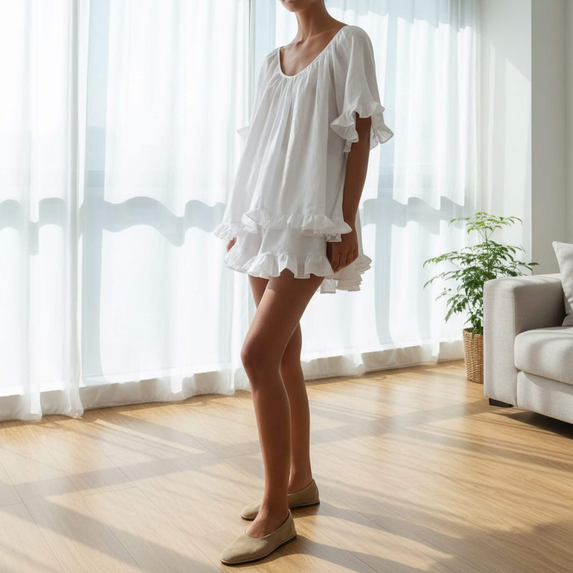 Womens Linen Sleepwear, Ruffle Linen Top And Shorts Set