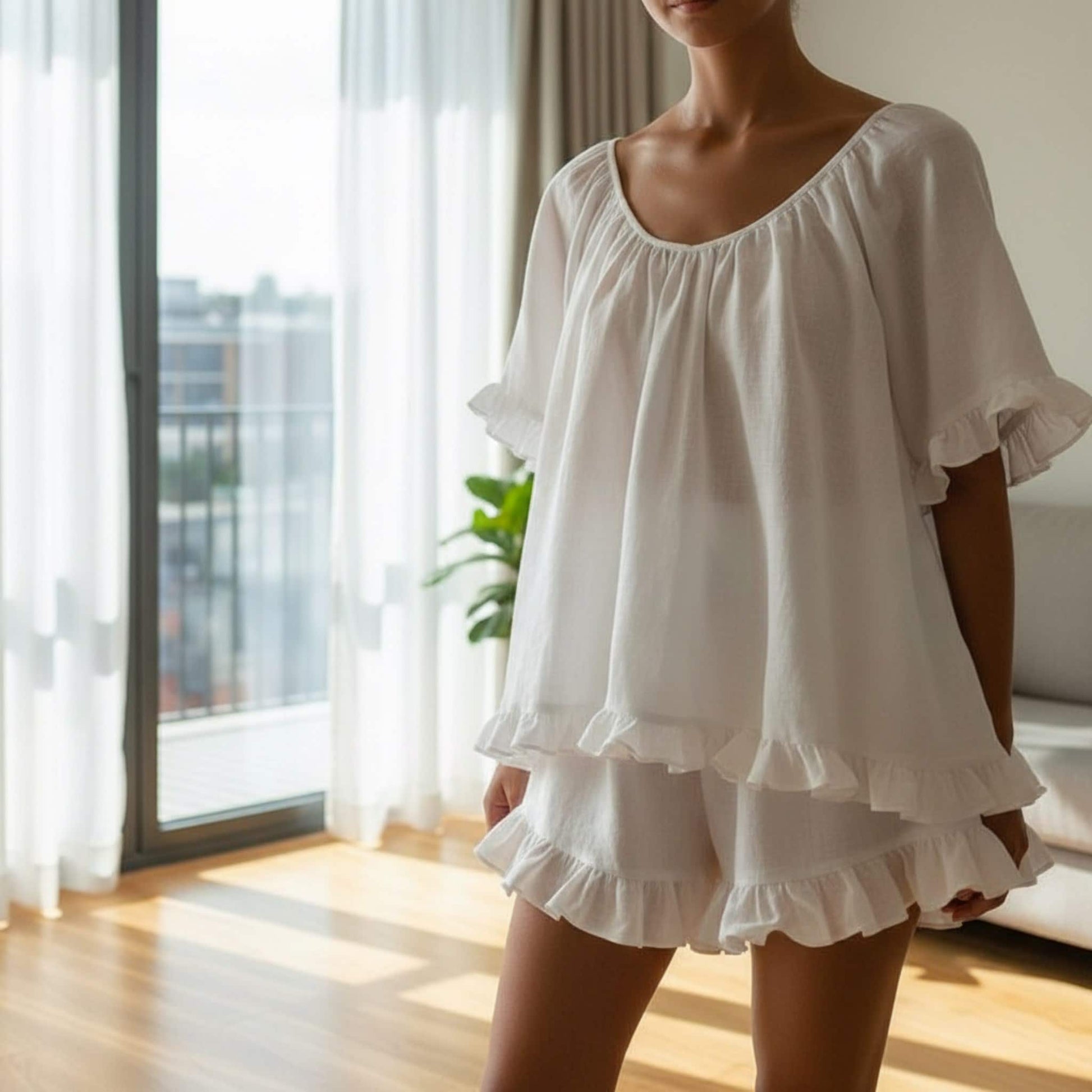 Womens Linen Sleepwear, Ruffle Linen Top And Shorts Set