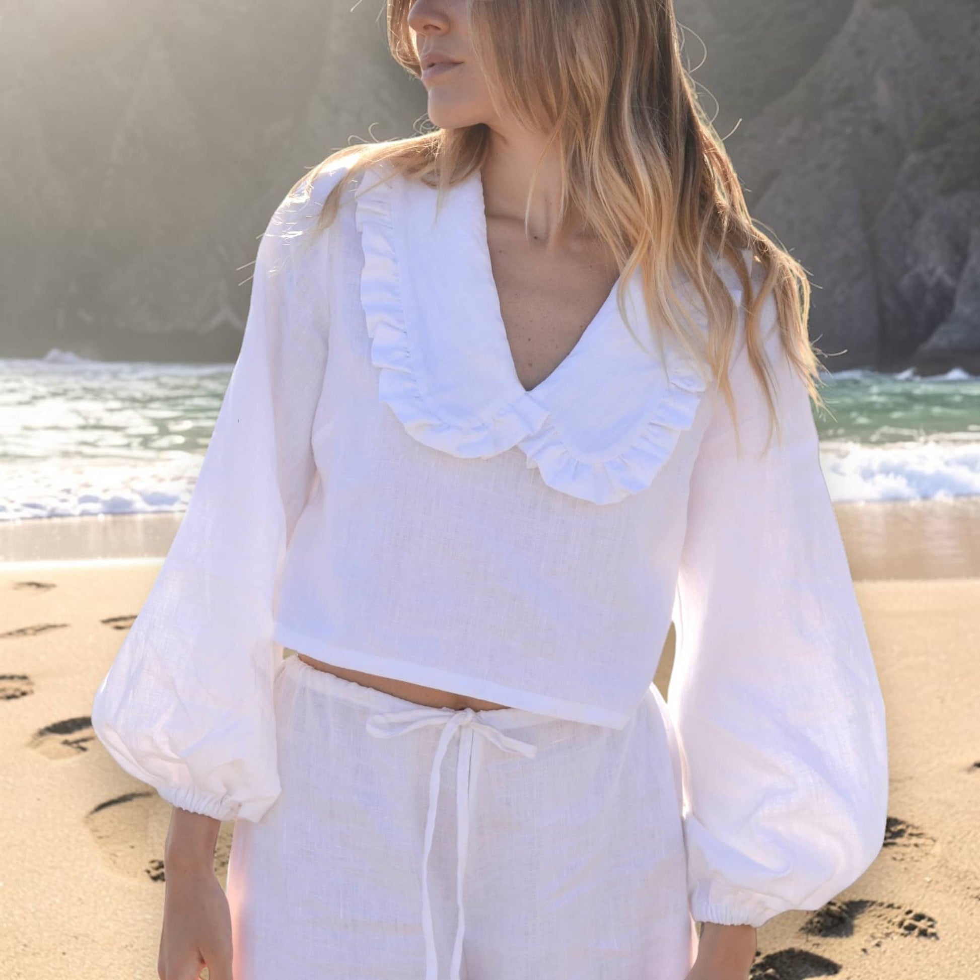 Womens Pajamas Linen, Long Sleeve Linen Top And Wide Leg Pants Set