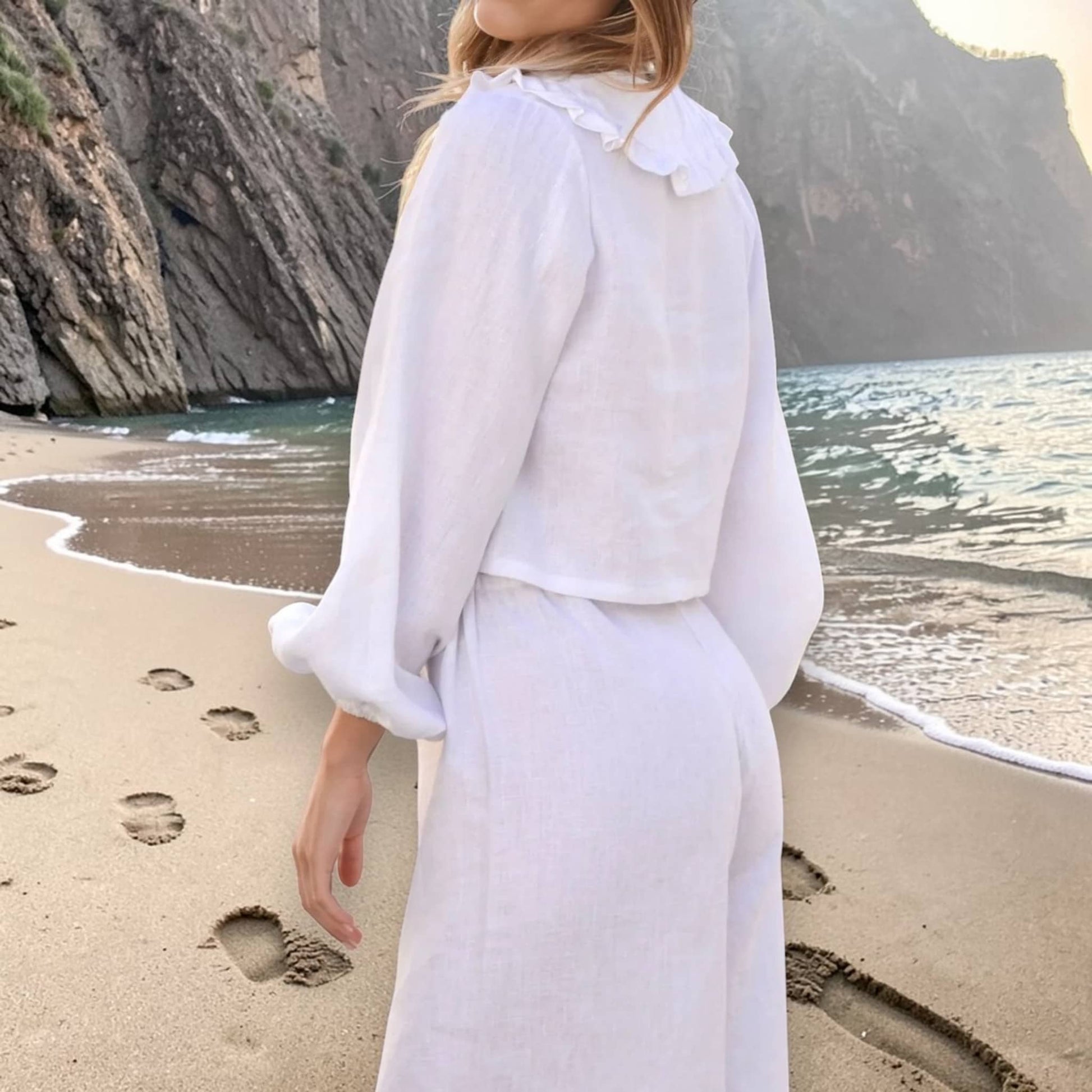 Womens Pajamas Linen, Long Sleeve Linen Top And Wide Leg Pants Set