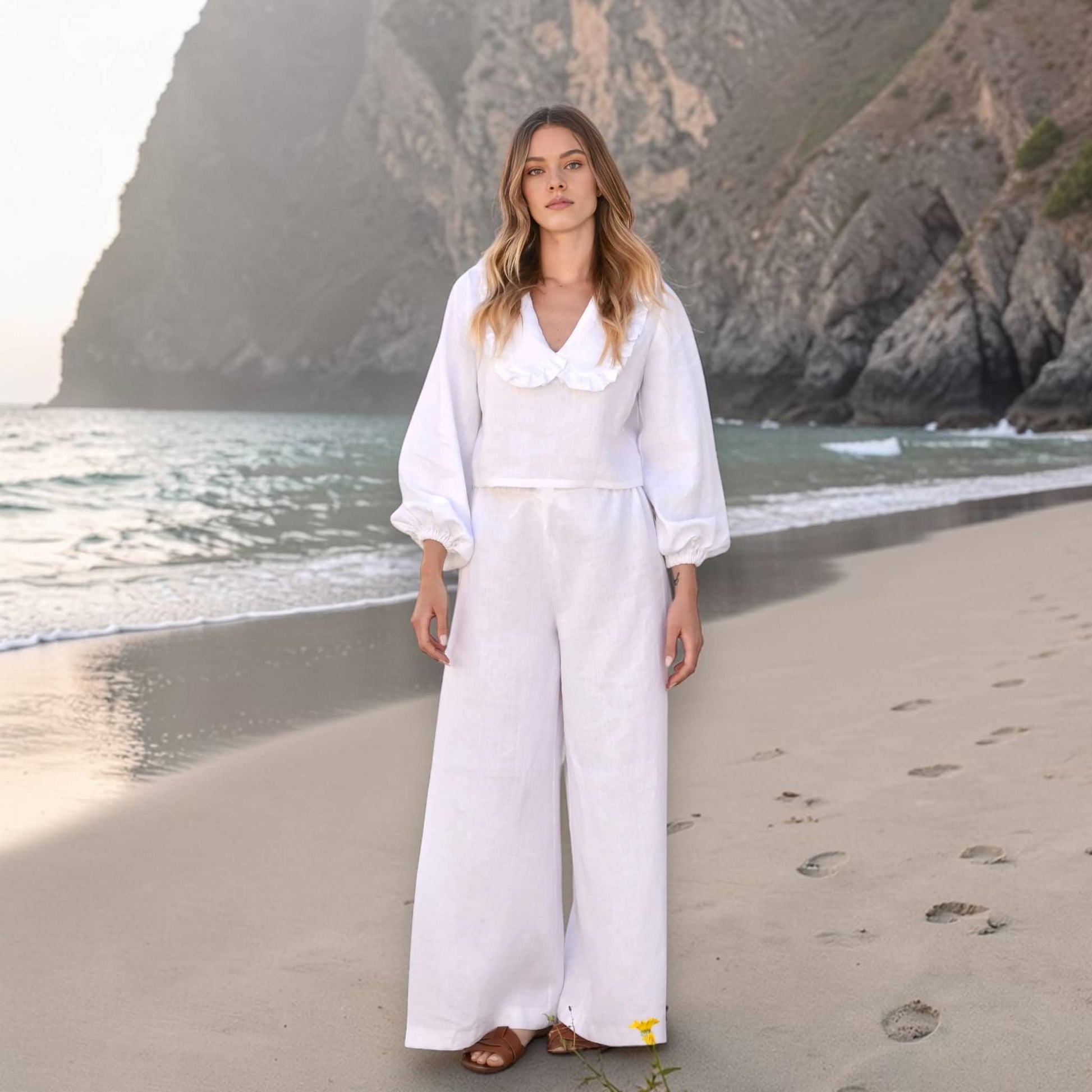 Womens Pajamas Linen, Long Sleeve Linen Top And Wide Leg Pants Set