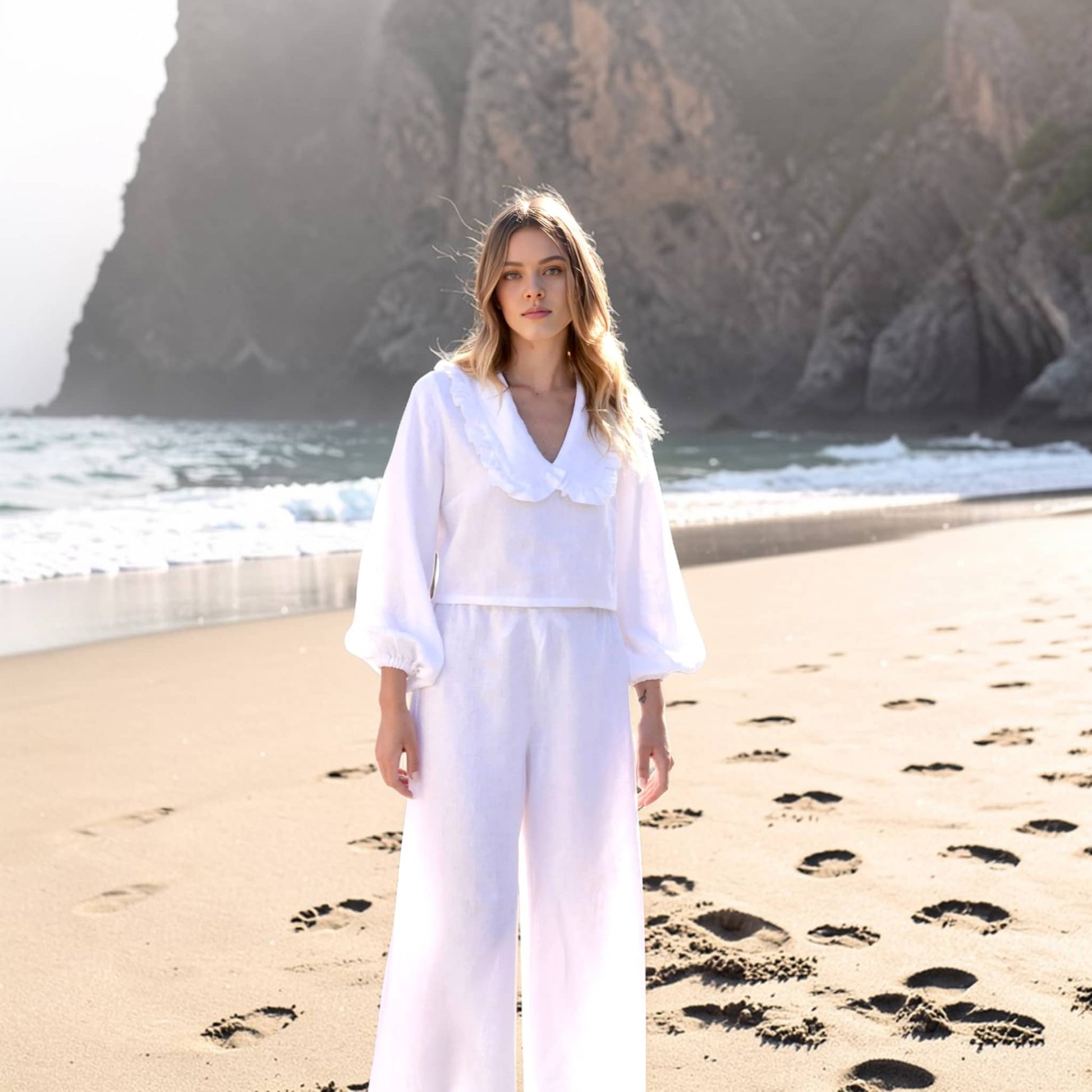 Womens Pajamas Linen, Long Sleeve Linen Top And Wide Leg Pants Set