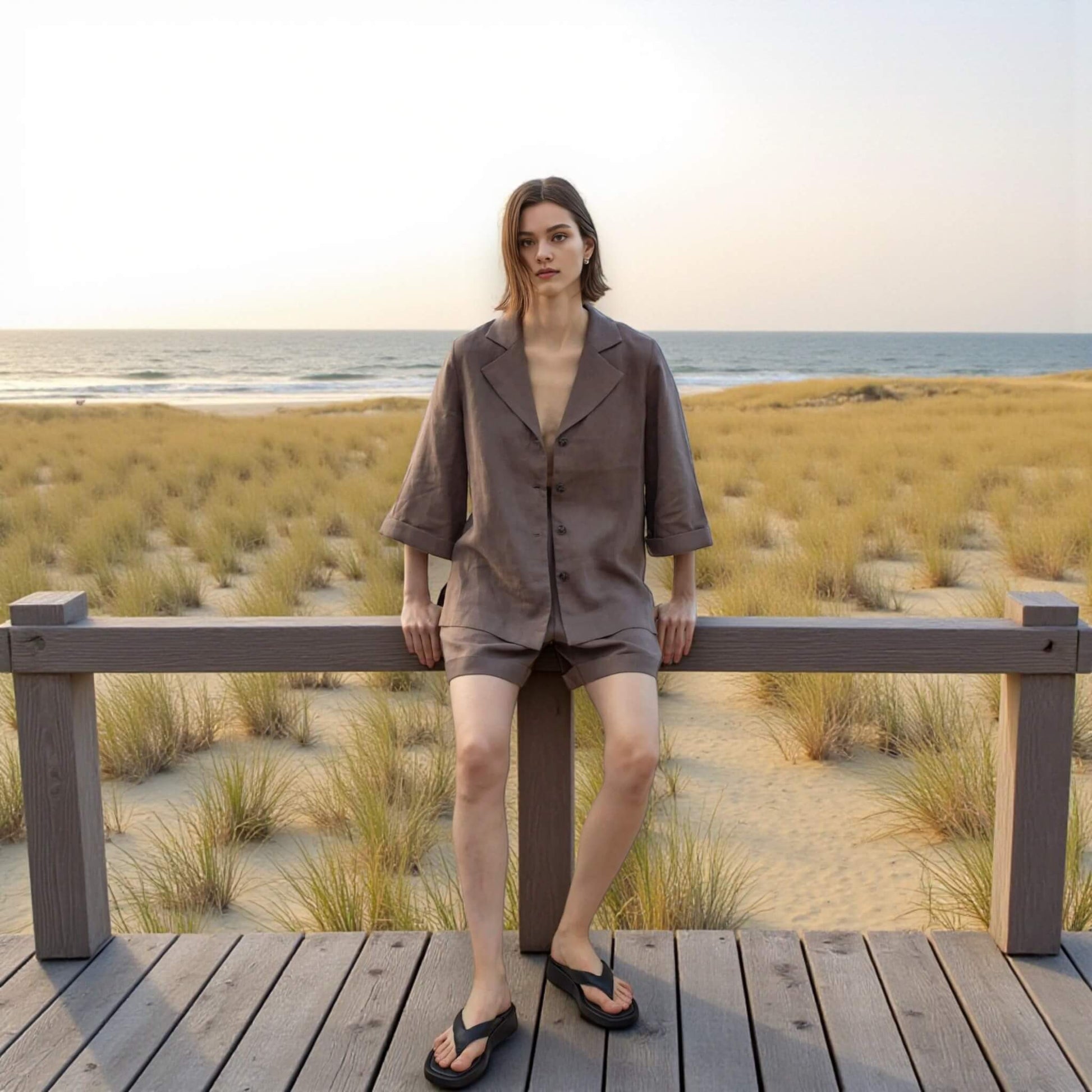 Womens Pajamas Linen, Oversized Linen Shirt And Linen Shorts Set