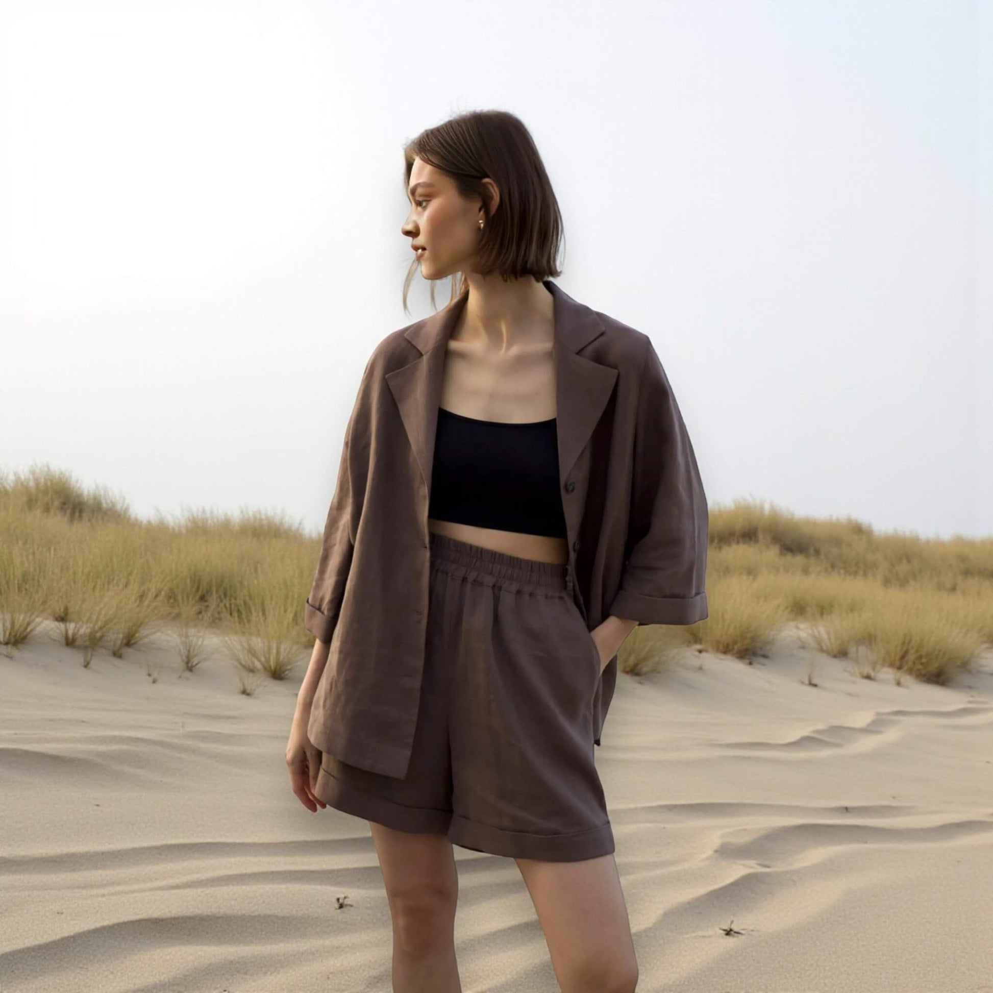 Womens Pajamas Linen, Oversized Linen Shirt And Linen Shorts Set