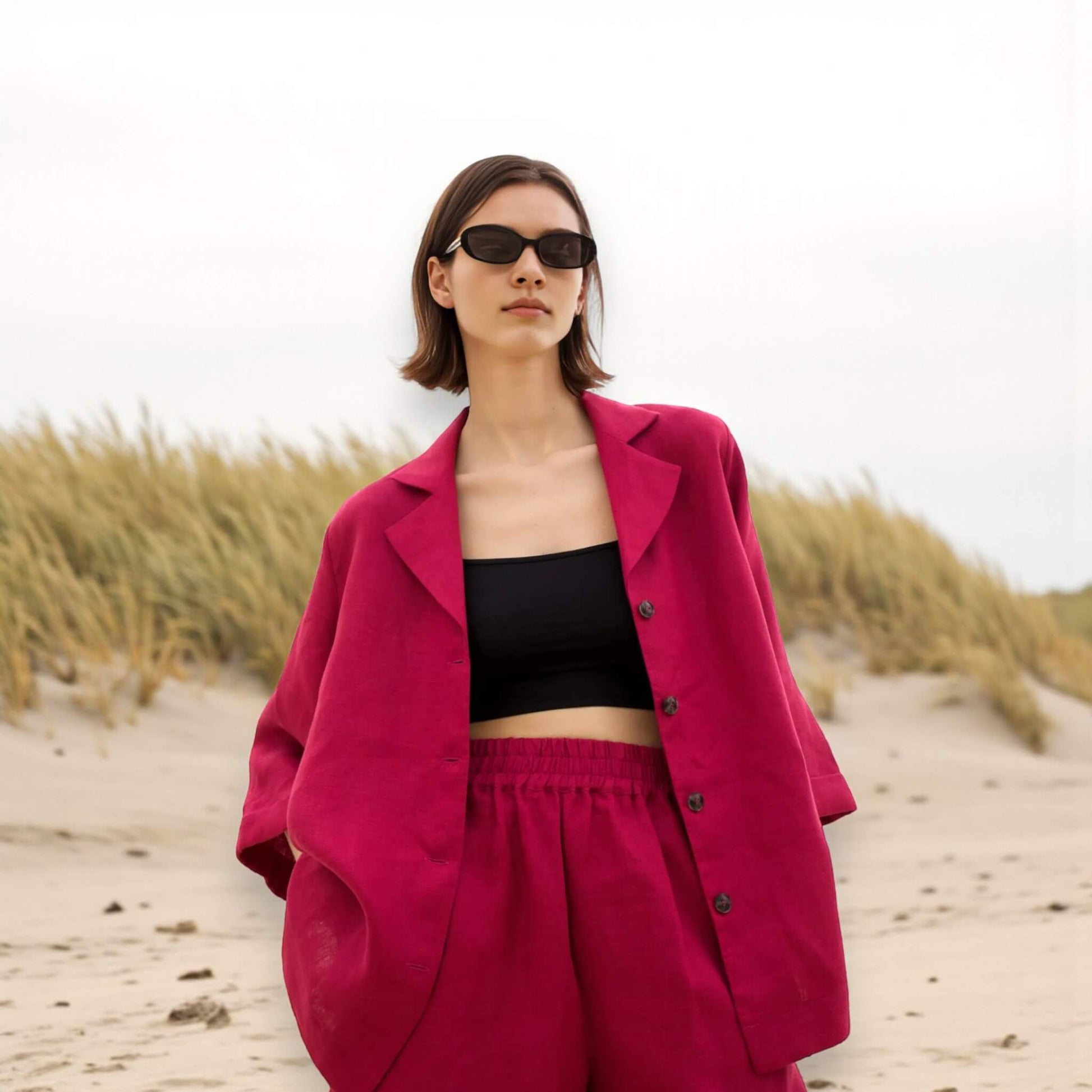 Womens Pajamas Linen, Oversized Linen Shirt And Linen Shorts Set