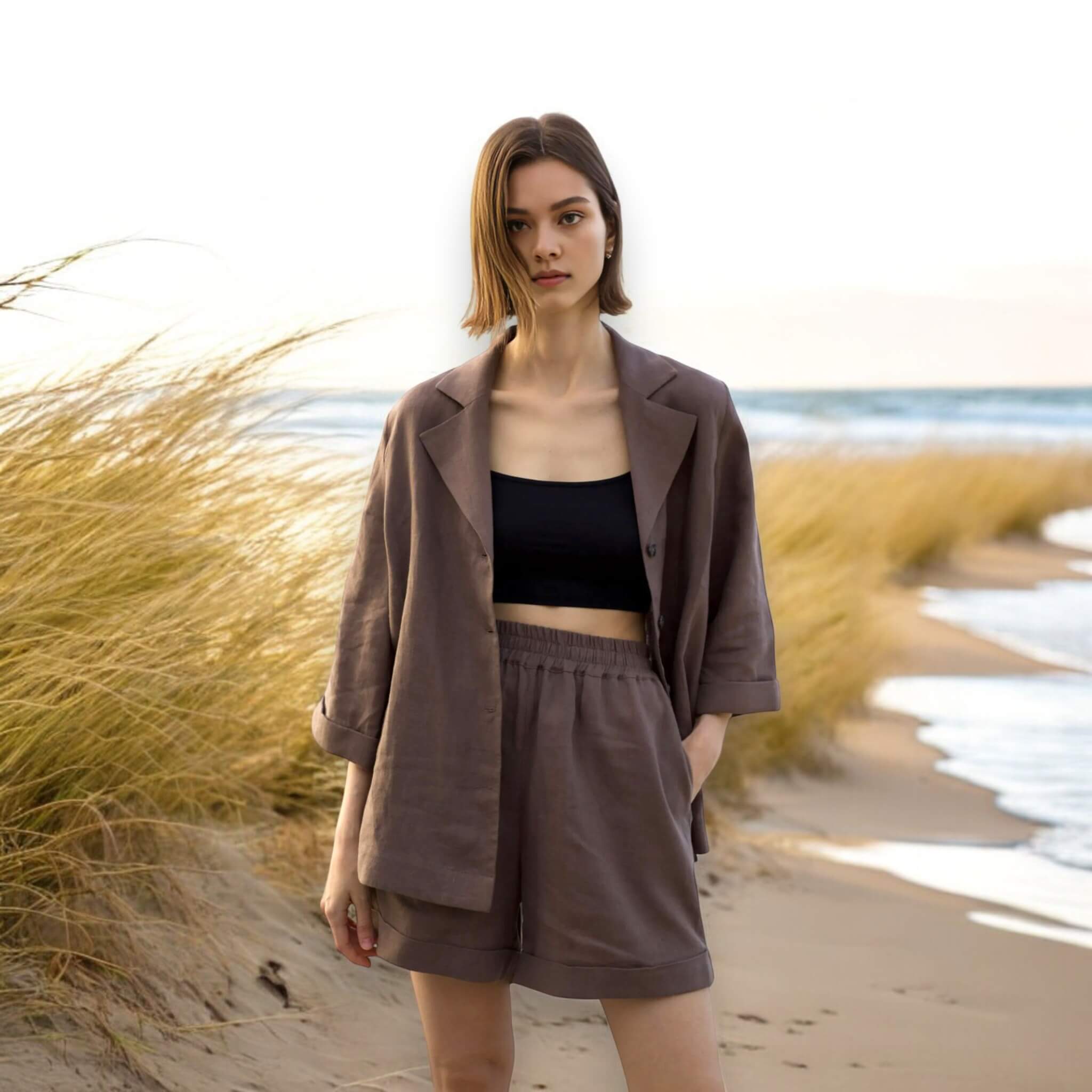 Womens Pajamas Linen, Oversized Linen Shirt And Linen Shorts Set