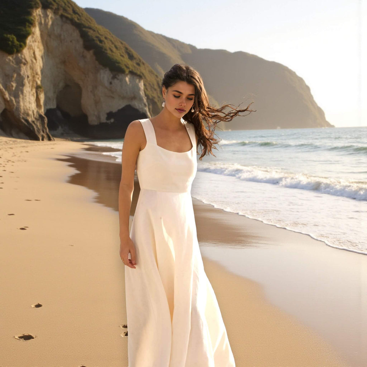 Wrap Linen Maxi Dress, Square Neck Slit Maxi Dress