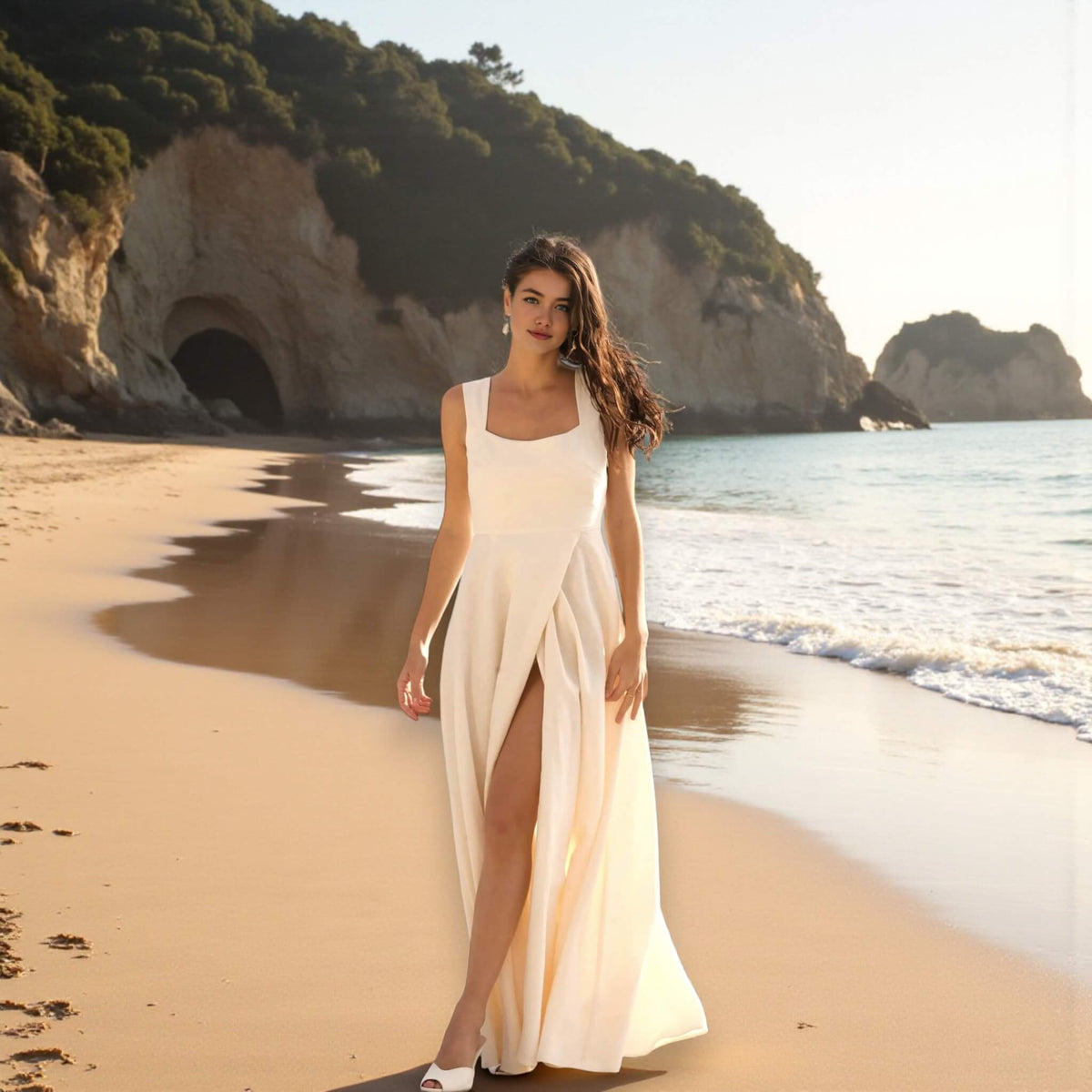 Wrap Linen Maxi Dress, Square Neck Slit Maxi Dress