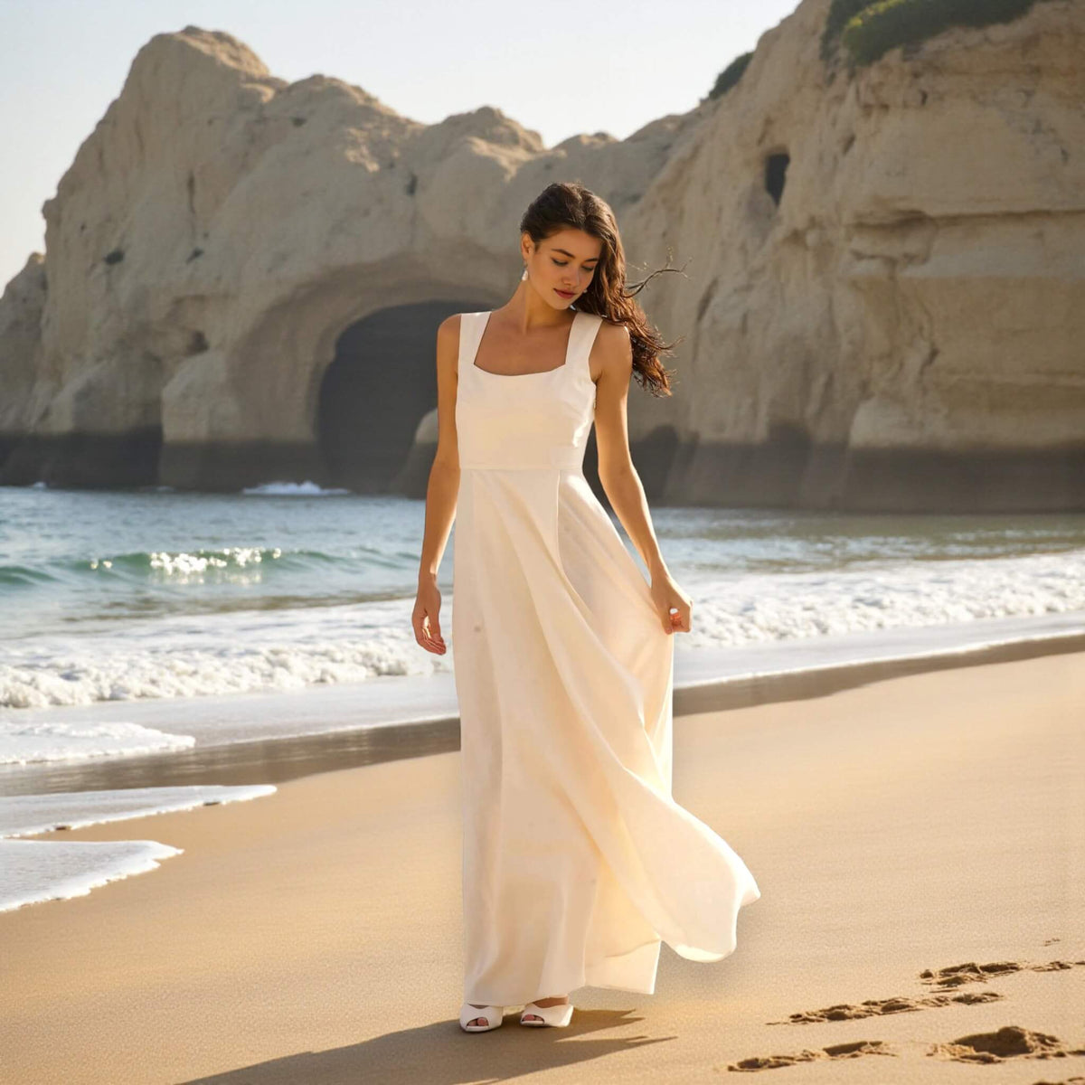 Wrap Linen Maxi Dress, Square Neck Slit Maxi Dress