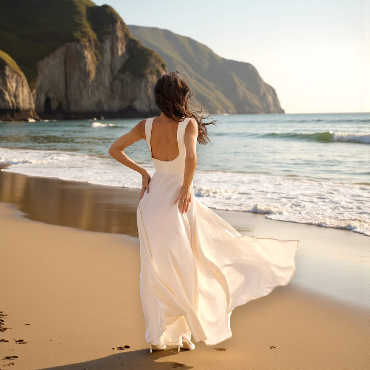 Wrap Linen Maxi Dress, Square Neck Slit Maxi Dress