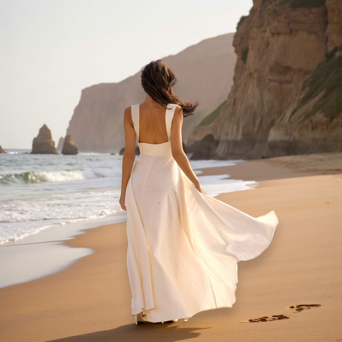 Wrap Linen Maxi Dress, Square Neck Slit Maxi Dress