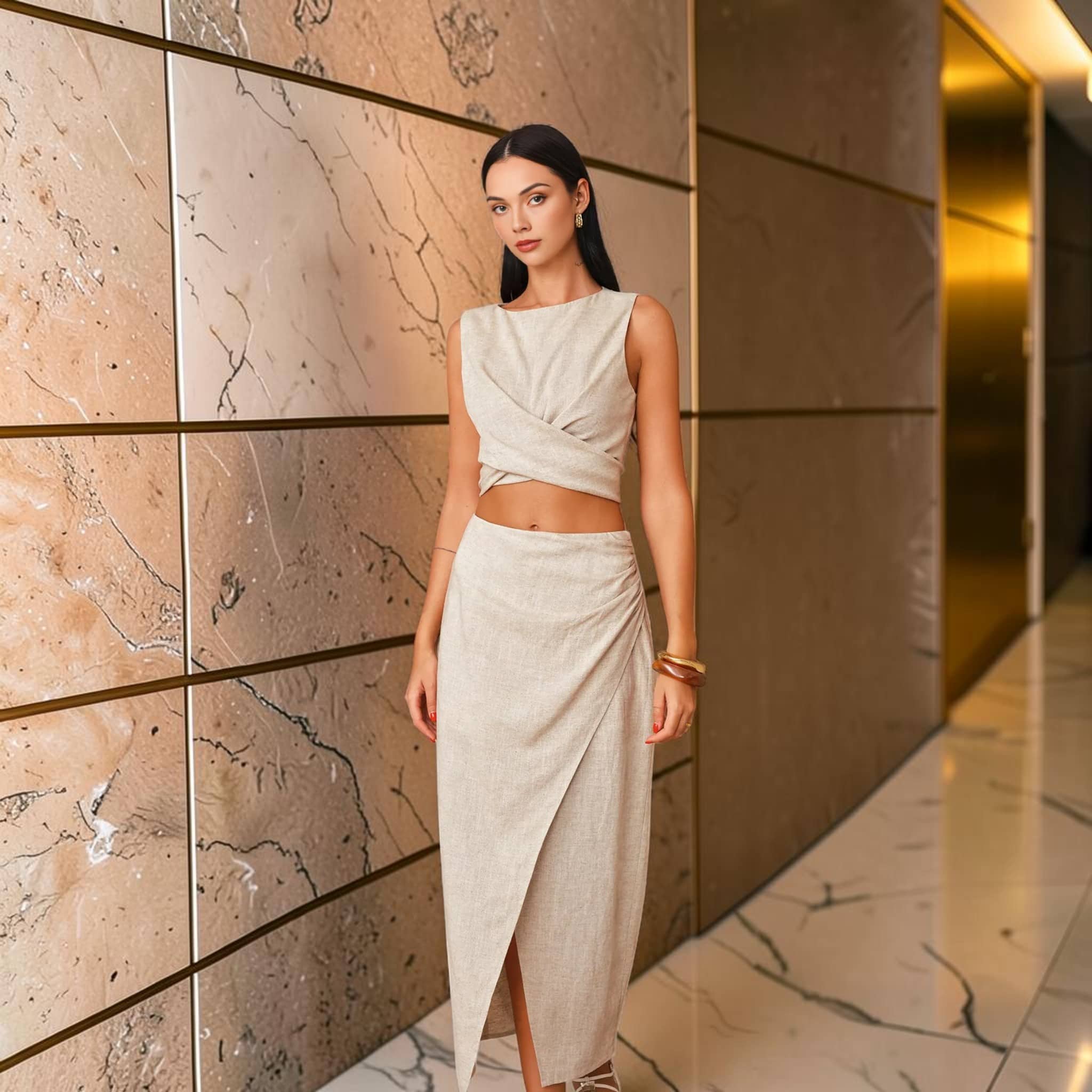 Wrap Linen Maxi Skirt, High-Waisted Side-Slit