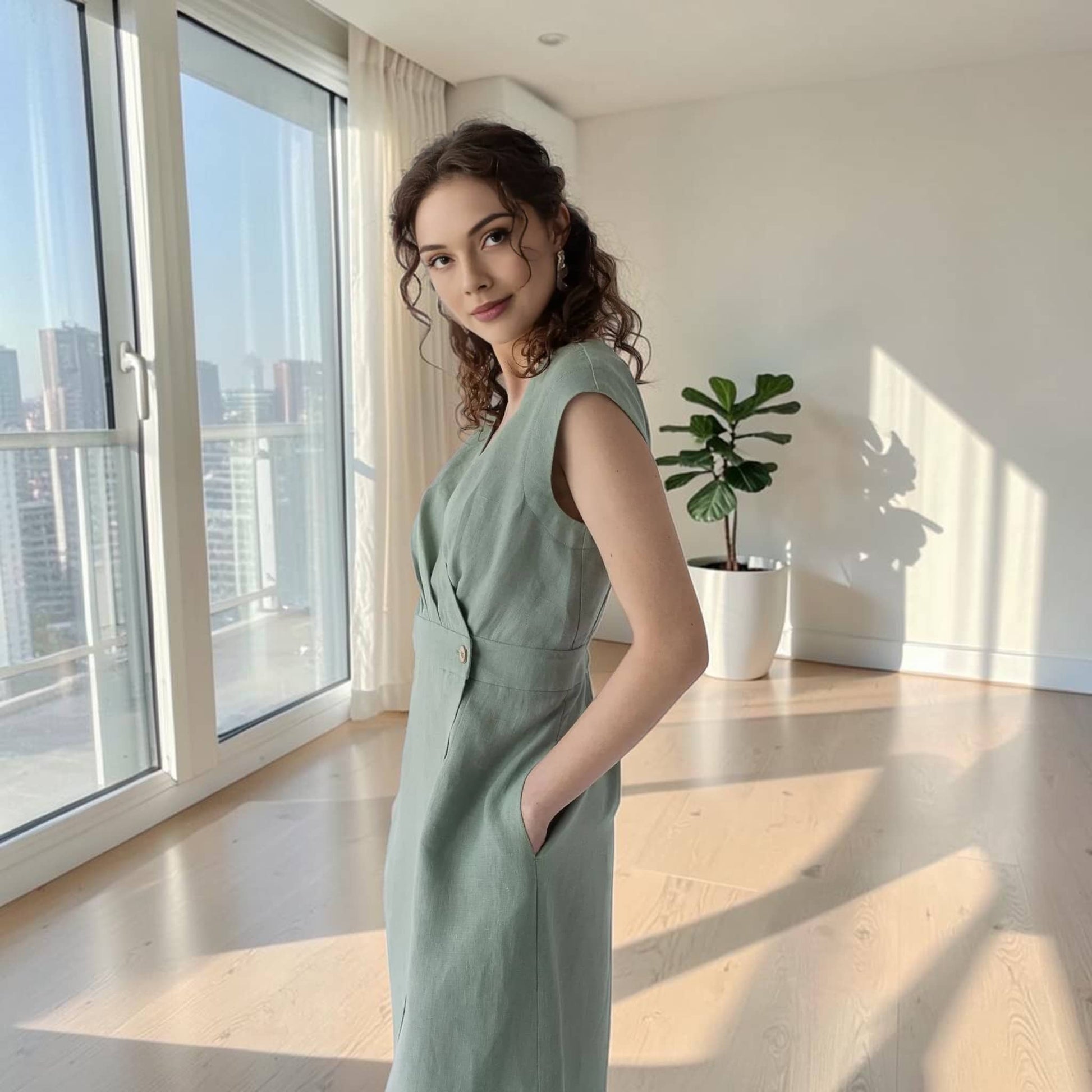 Wrap Linen Midi Dress, Buttoned Waistband Smocked Back