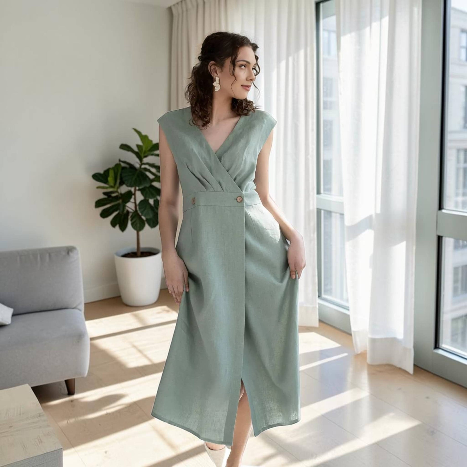 Wrap Linen Midi Dress, Buttoned Waistband Smocked Back