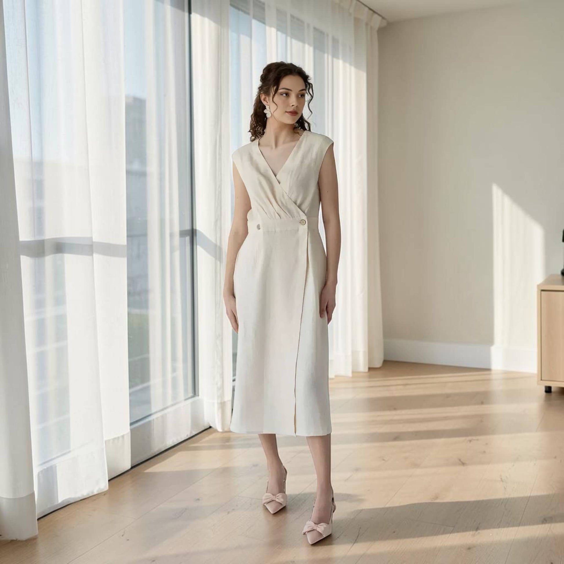 Wrap Linen Midi Dress, Buttoned Waistband Smocked Back