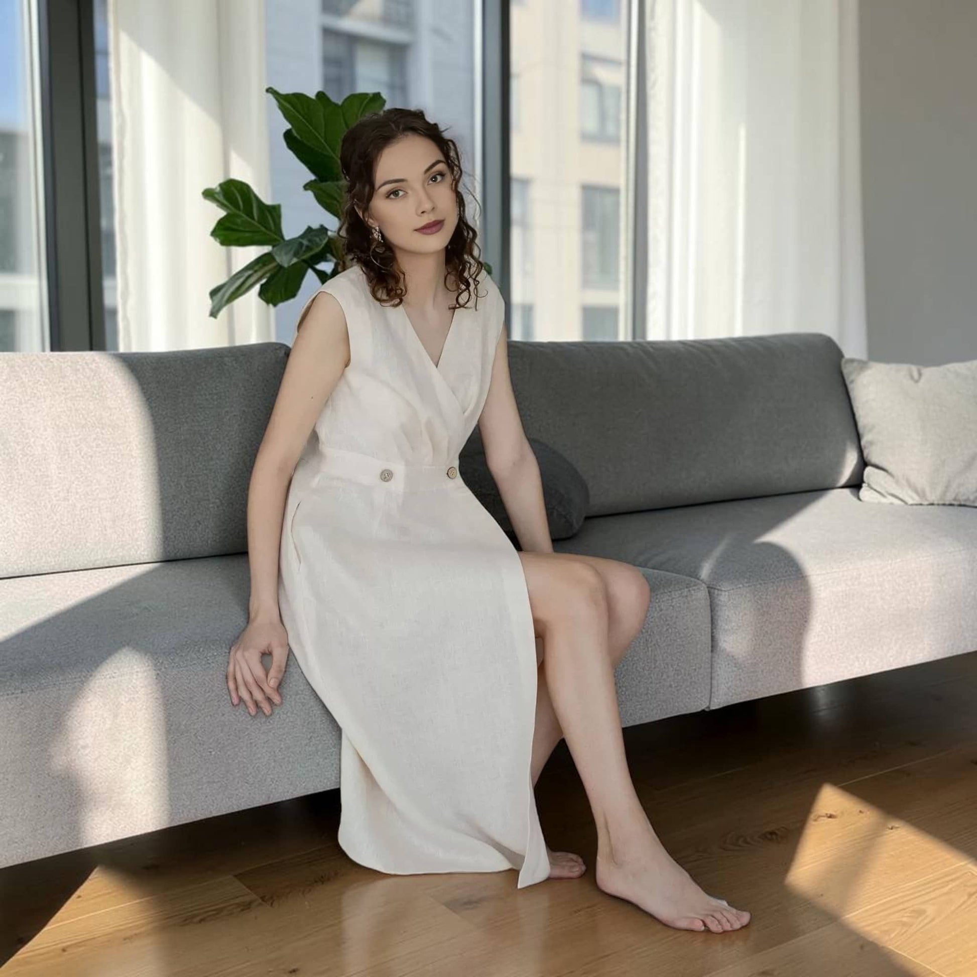 Wrap Linen Midi Dress, Buttoned Waistband Smocked Back