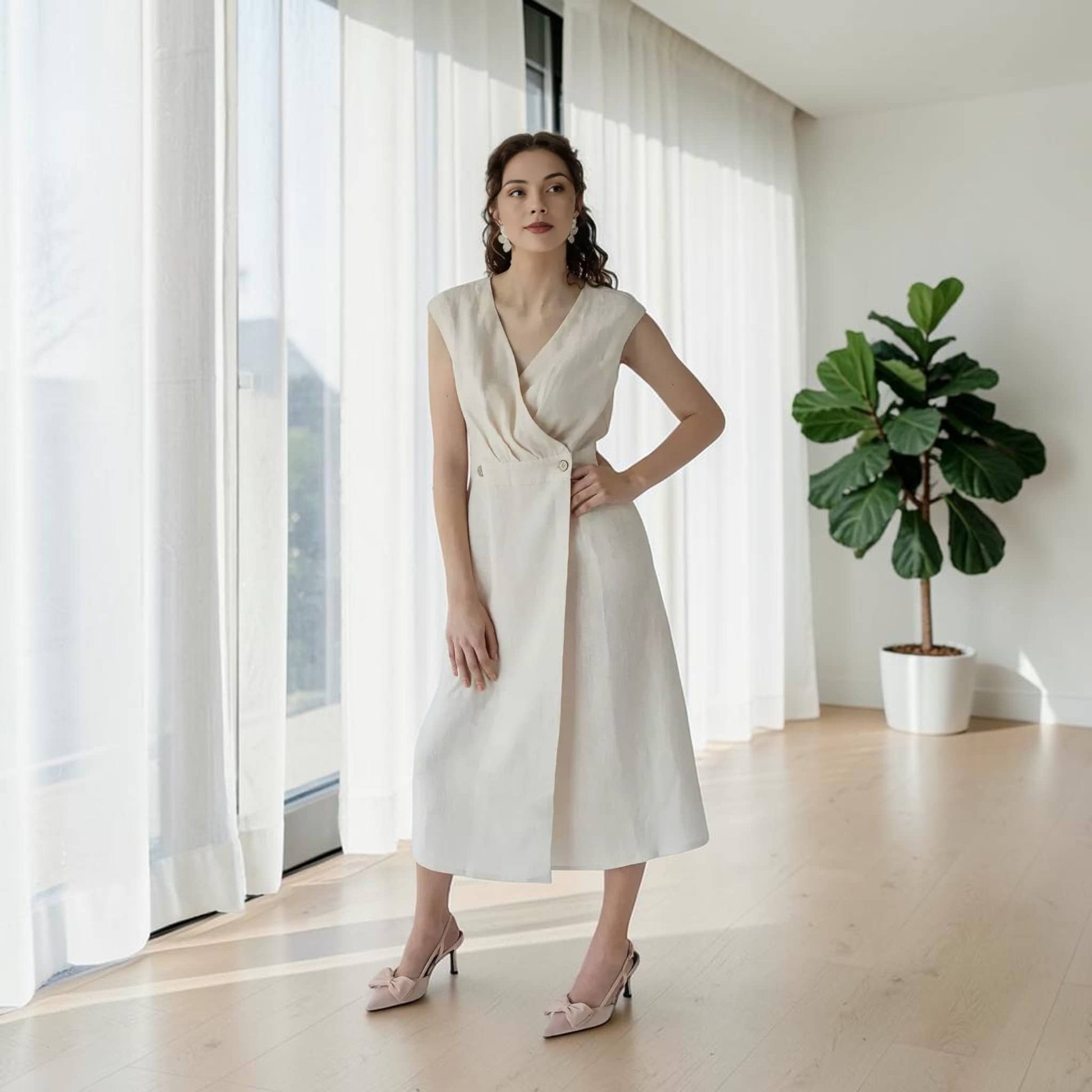 Wrap Linen Midi Dress, Buttoned Waistband Smocked Back