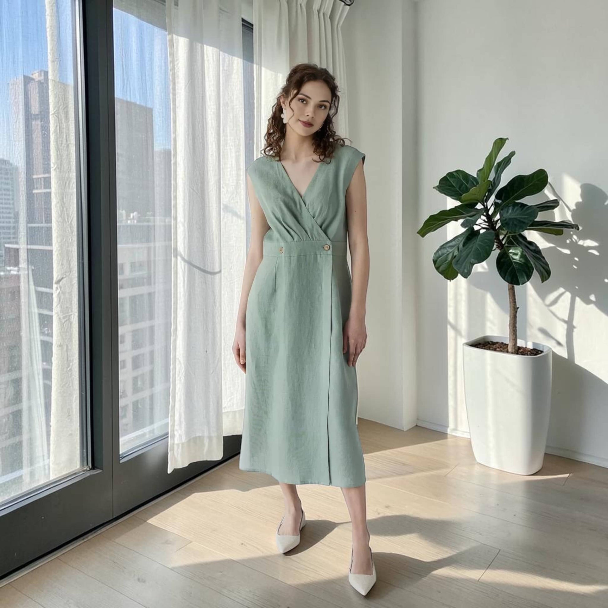 Wrap Linen Midi Dress, Buttoned Waistband Smocked Back
