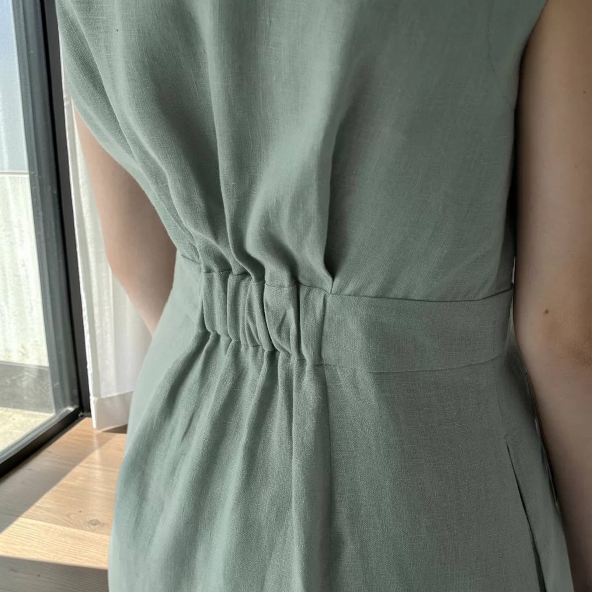 Wrap Linen Midi Dress, Buttoned Waistband Smocked Back