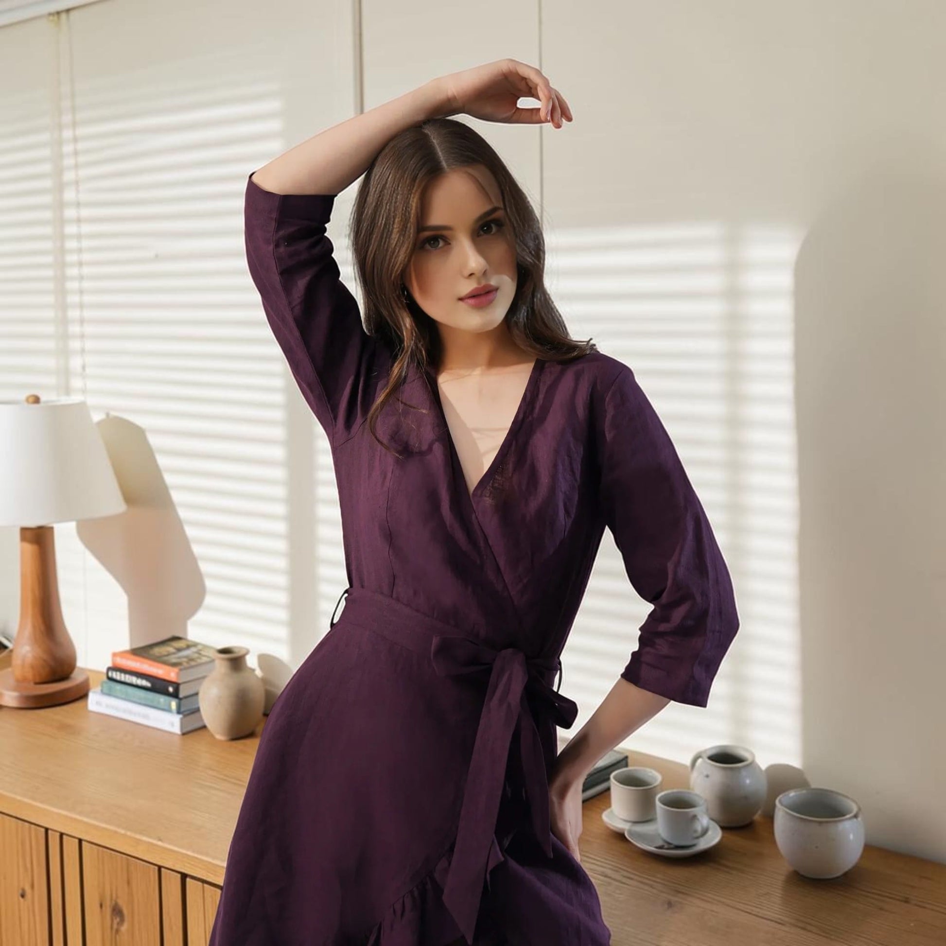 Wrap Linen Midi Dress, Ruffle Hem 3/4 Sleeve