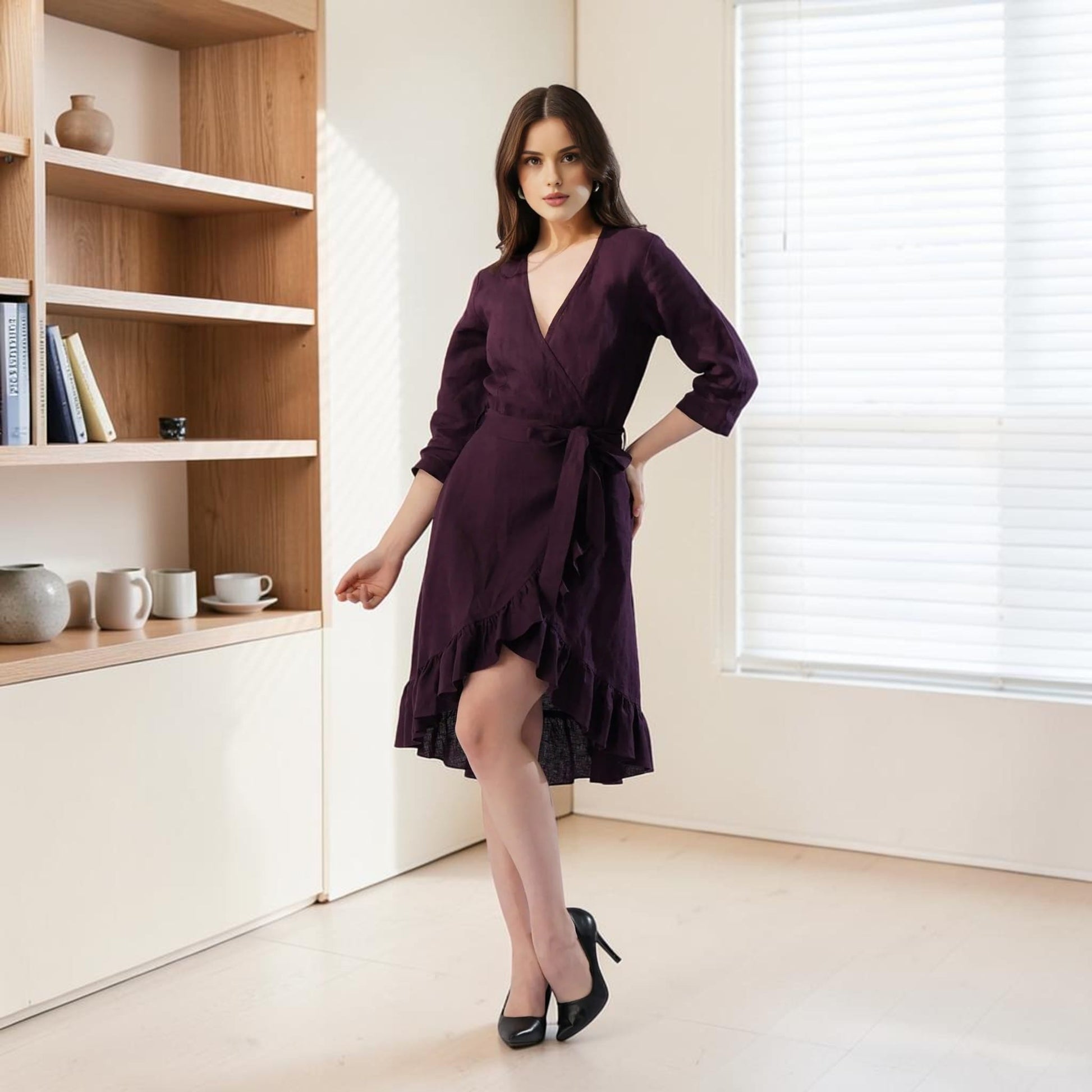 Wrap Linen Midi Dress, Ruffle Hem 3/4 Sleeve