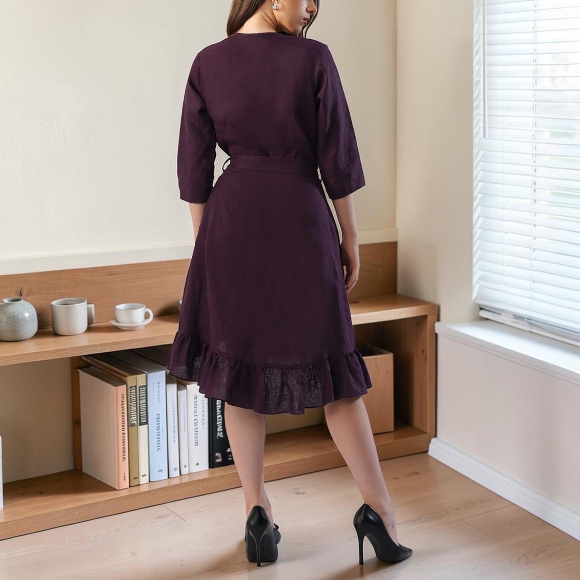 Wrap Linen Midi Dress, Ruffle Hem 3/4 Sleeve