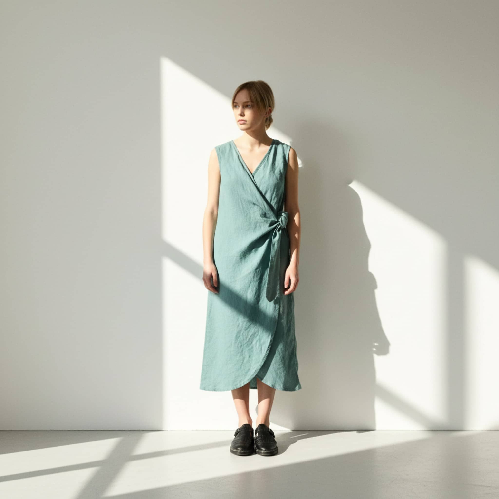 Wrap Linen Midi Dress, Side Tie Tulip Hem