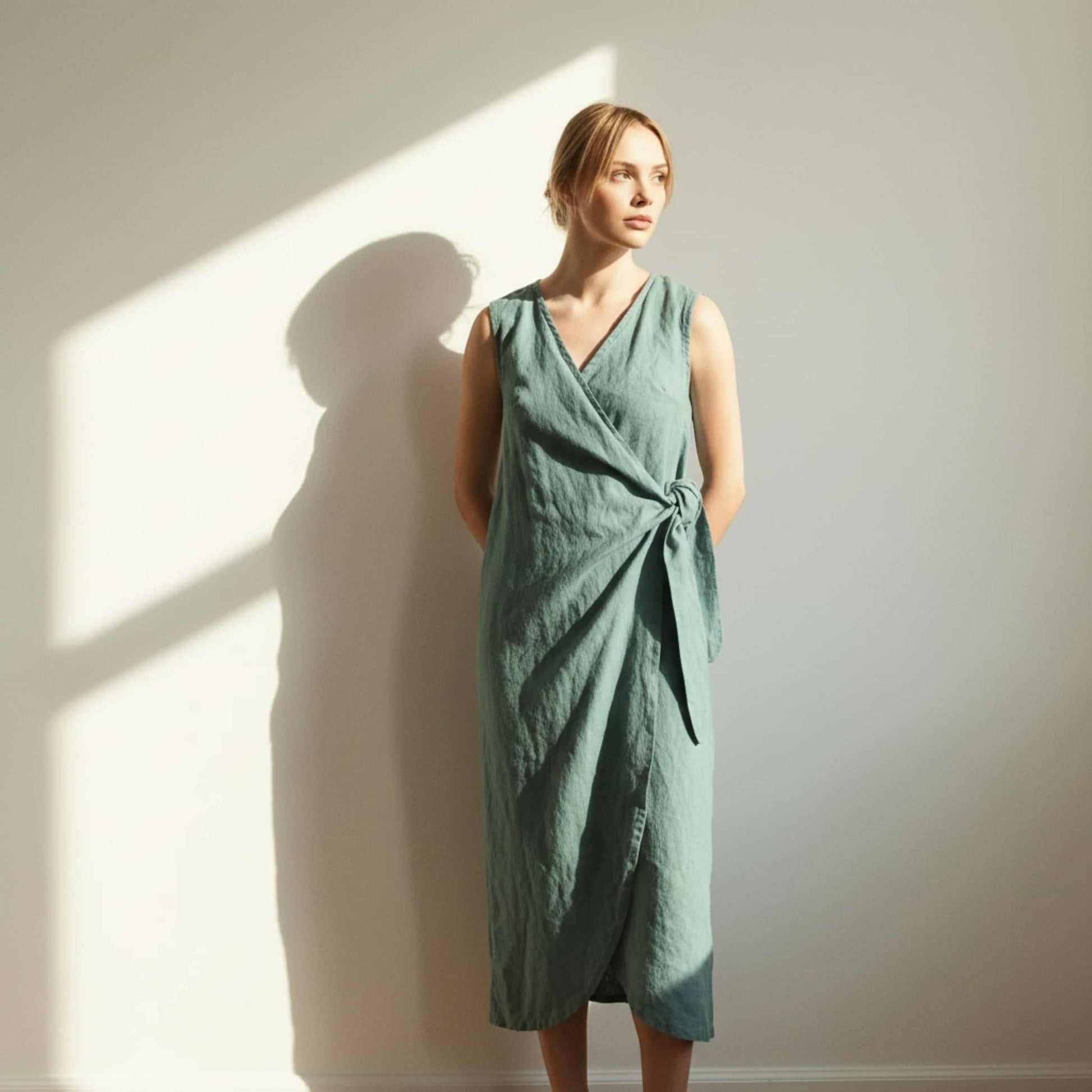 Wrap Linen Midi Dress, Side Tie Tulip Hem