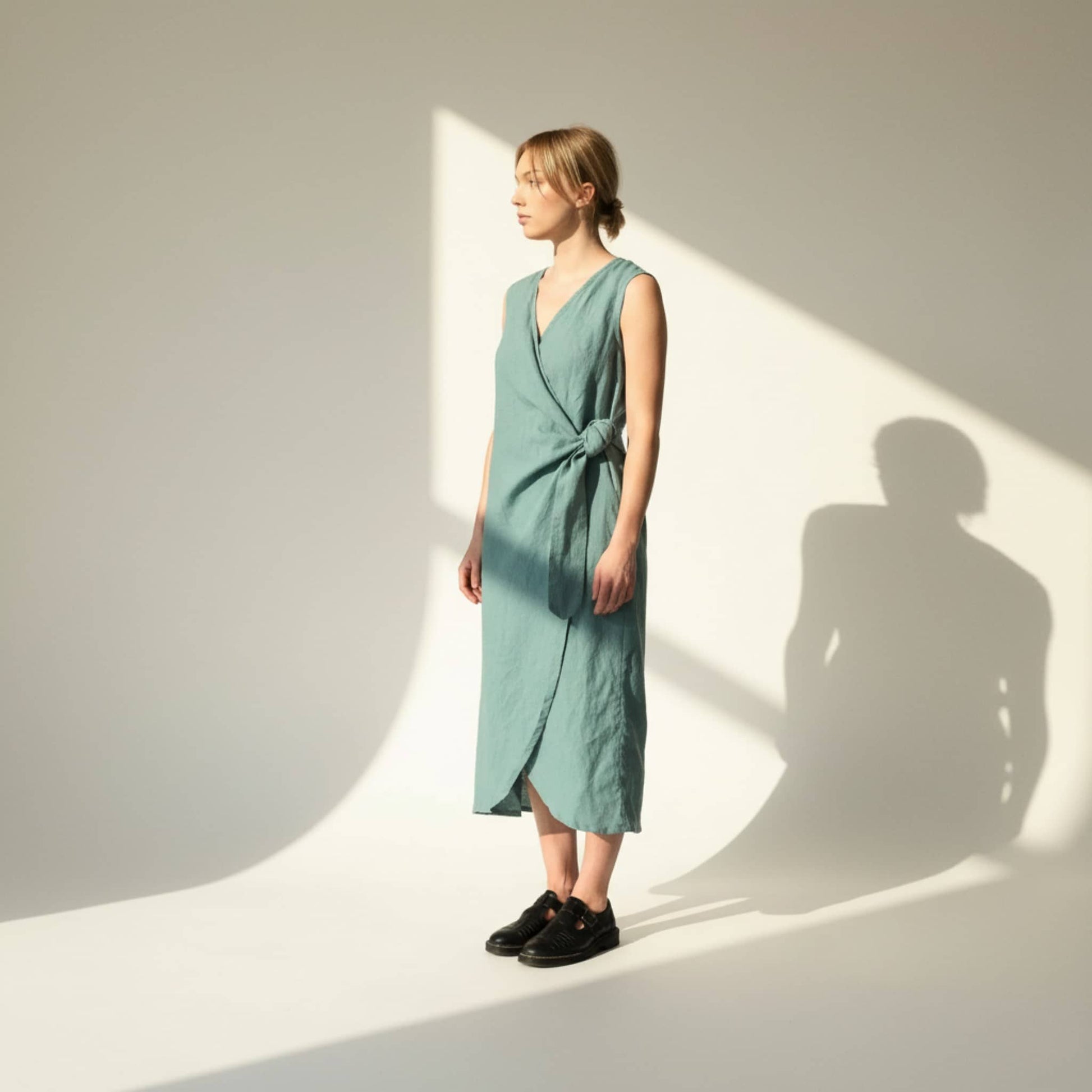 Wrap Linen Midi Dress, Side Tie Tulip Hem
