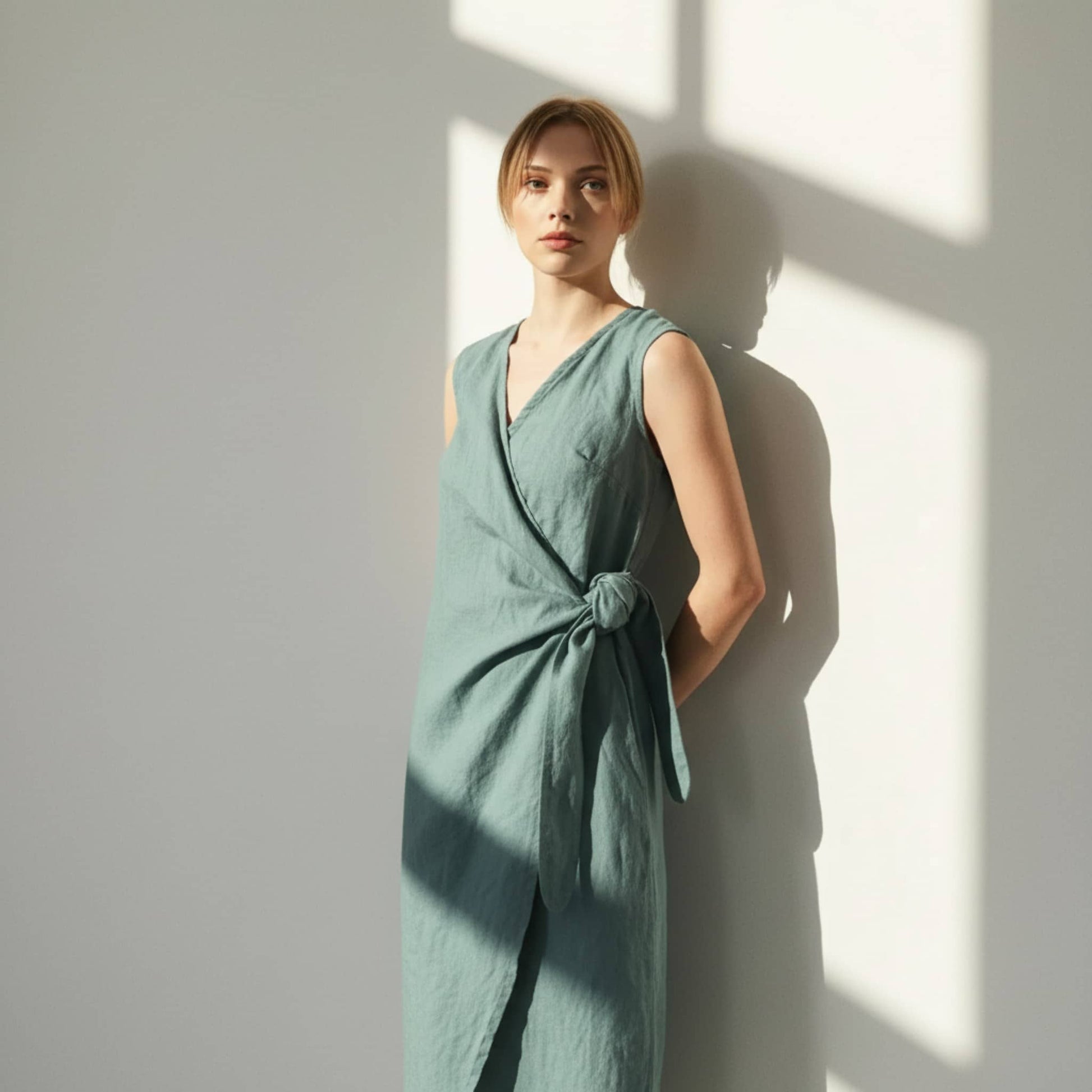 Wrap Linen Midi Dress, Side Tie Tulip Hem